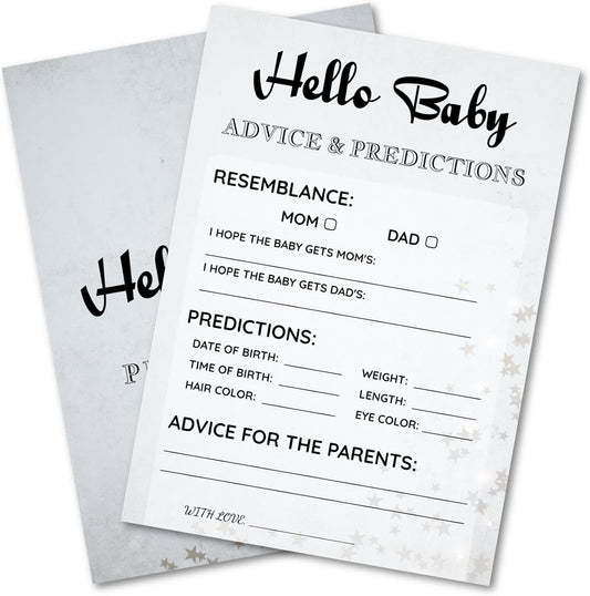 Baby Shower Advice Predictions Resemblance Cards - 30 Player Party Games - Minimalist Light Gray Stars Design - Ready to Play Family Friend 5x7 Inch (Predictions)