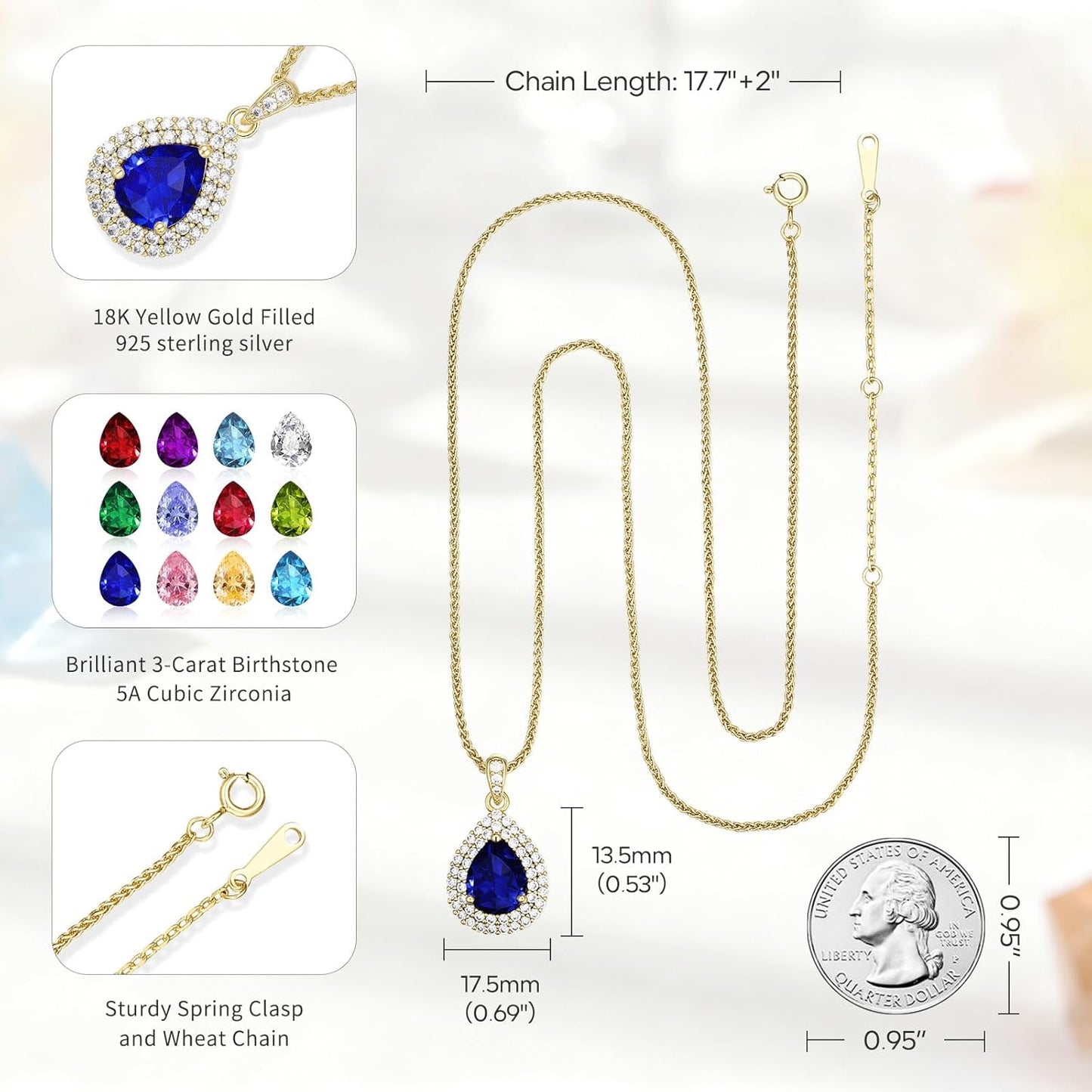 Gold Necklace for Women-Teardrop Birthstone Pendant-18K Gold Plated Chain with Light-Up Gift Box, Jewelry for Women,Anniversary Birthday Gifts for Her Wife Girlfriend Mom,Womens Jewelry