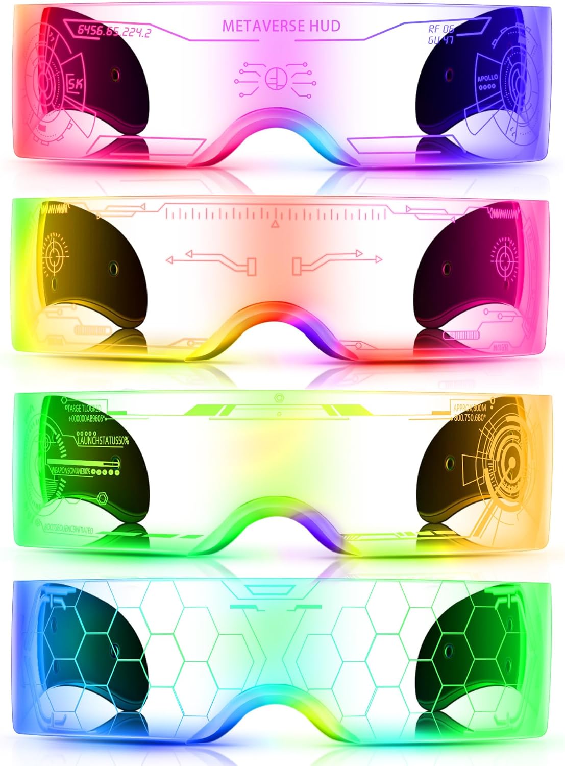 TOODOO 4 Pairs LED Visor Glasses Light up Glasses Futuristic Luminous Rave Glasses 7 Colors 4 Modes for Club Christmas Party