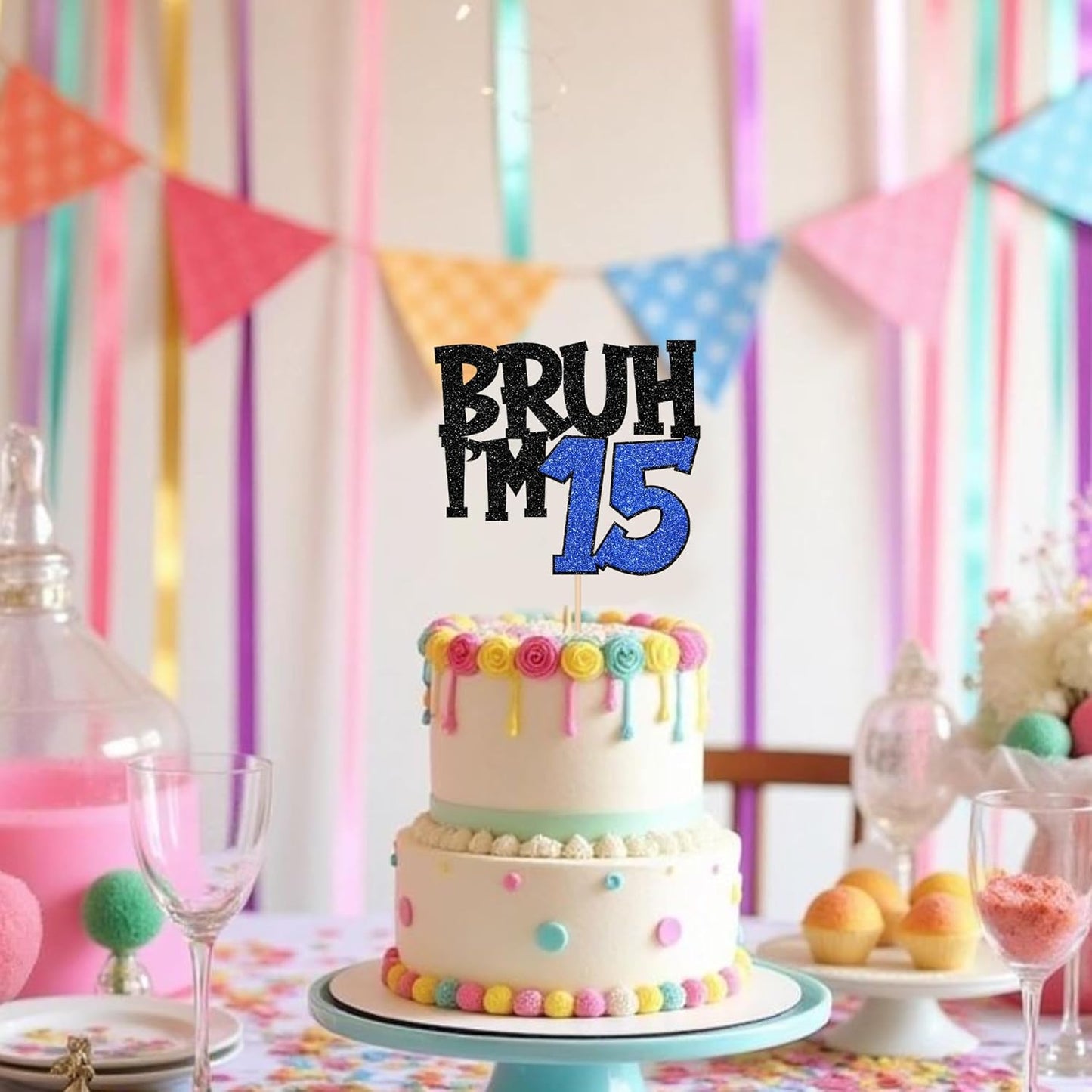 1 PCS Bruh I'm 15 Cake Topper Glitter Happy 15th Birthday Cake Pick Bro I'm 15 Cake Decoration It's My 15th Birthday Decorations for Cheers to 15 Years Old Birthday Anniversary Party Supplies Blue