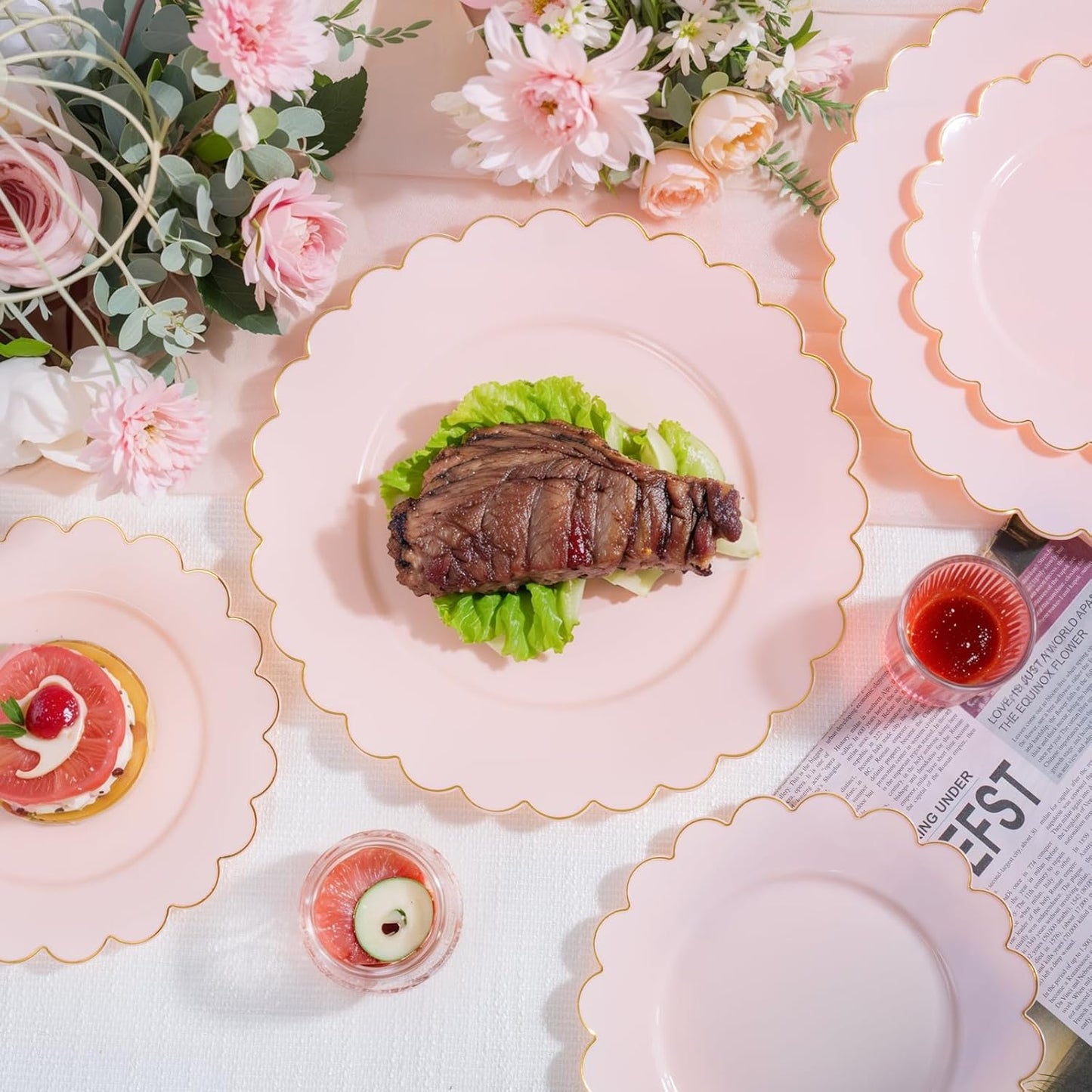 LIYH 120 Pcs Pink Plates Disposable Heavy Duty Gold Disposable Plates for Party Includes 60 Dinner Plate 10.25" & 60 Dessert Plate 7.5" Elegant Gold Rim for Bridal Shower Birthday