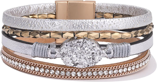 FANCY SHINY Leather Wrap Bracelet Boho Cuff Bangle Bracelets Crystal Bead Bracelet with Magnetic Clasp Jewelry Gifts for Women