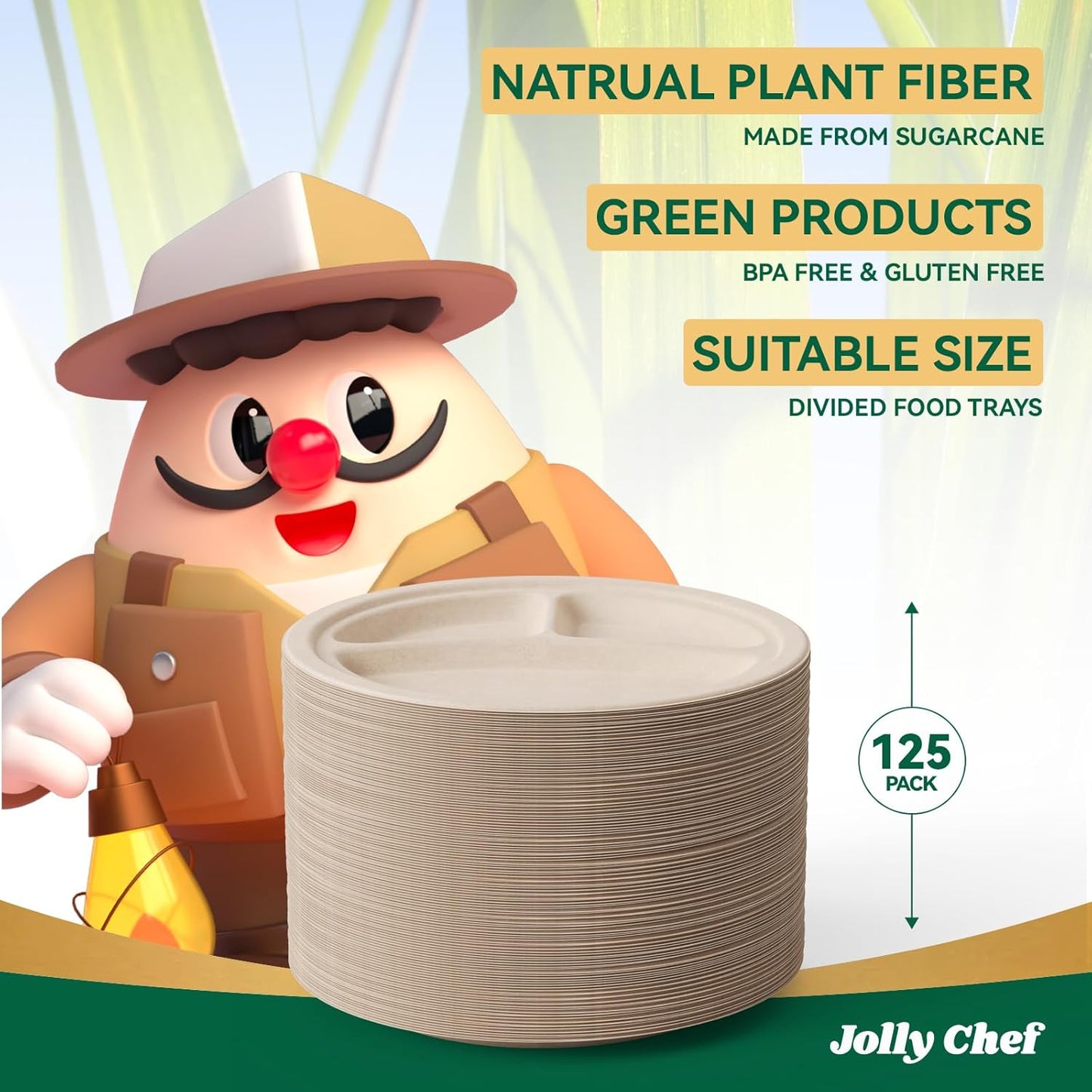 JOLLY CHEF Compostable 𝟯 Compartment Paper Plates 𝟵 𝗜𝗻𝗰𝗵 [𝟭𝟮𝟱 𝗣𝗮𝗰𝗸] Heavy Duty Divided Disposable Eco-Friendly Bagasse Biodegradable Round Trays for Dinner Lunch Thanksgiving Day (Brown)