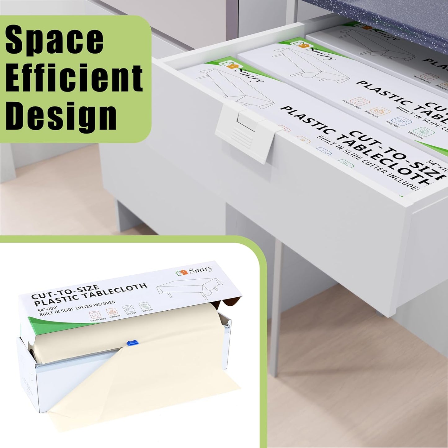 Smiry 54 Inch x 100 Feet Disposable Table Cover Roll, Beige Plastic Table Cloth in Cut-to-Size Box with Slide Cutter, Waterproof Rectangle Tablecloths for Weddings, Banquets, Outdoor