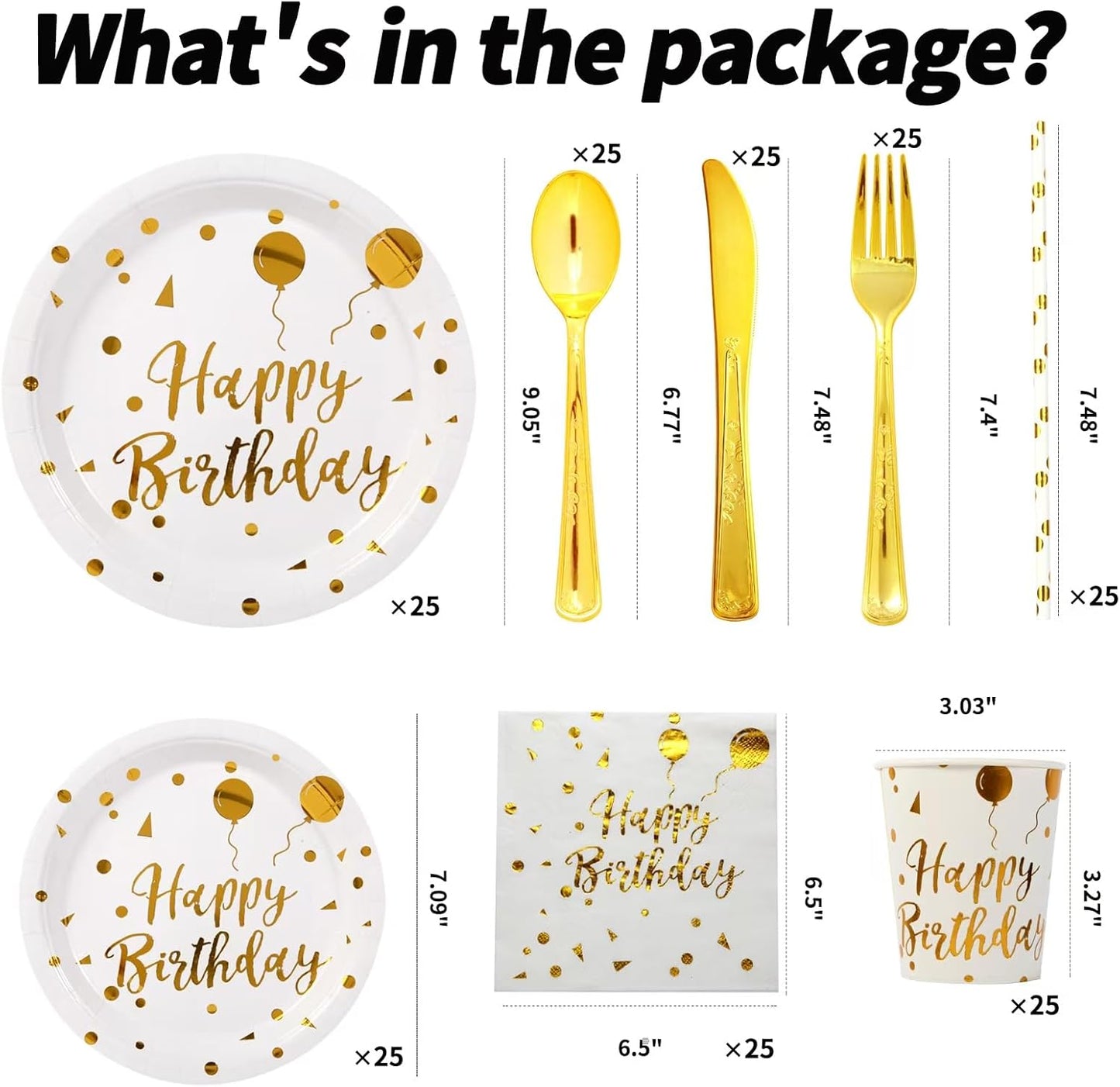 200PCS Birthday Decorations, Party Supplies, Disposable Happy Birthday Tableware Set, Paper Plates Napkins Cups, Plastic Forks Knives Spoons （25Guests） (White)