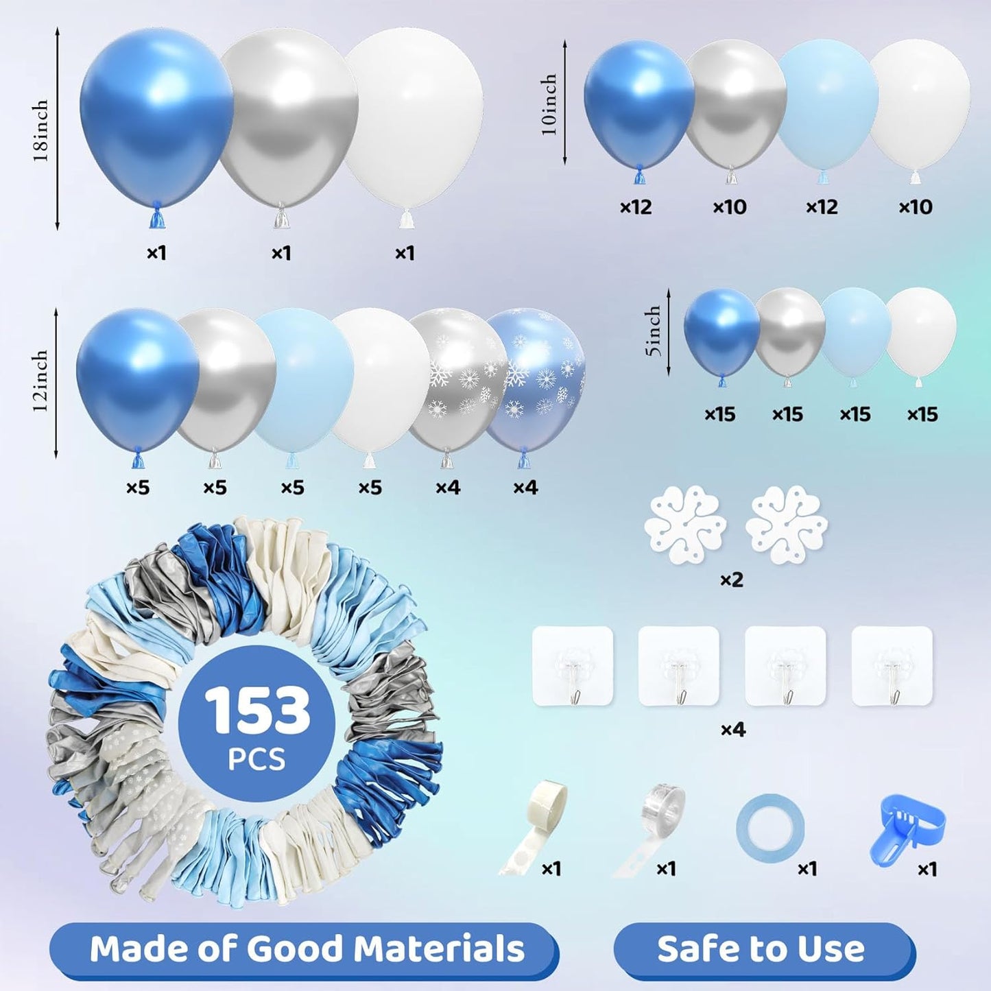 Amandir 153pcs Blue White Balloon Arch Garland Kit, Different Sizes 18 12 10 5 inch Blue Silver Latex Metallic Confetti Snowflake Balloons for Winter Wonderland Princess Baby Shower Party Decorations