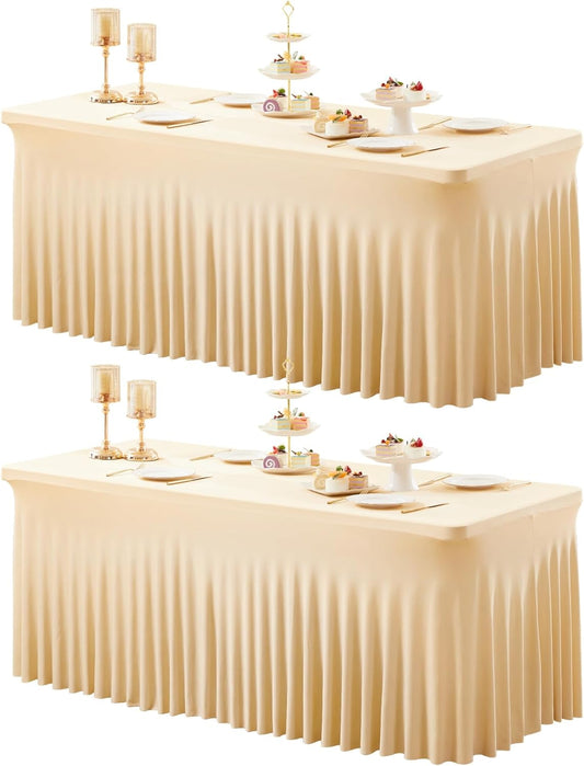 2 Packs Dark Champagne Table Clothes for 8 Foot Rectangle Tables, One-Piece Wrinkle Resistant Stretch Spandex Table Covers with Skirt for Event Banquet Wedding Birthday Party