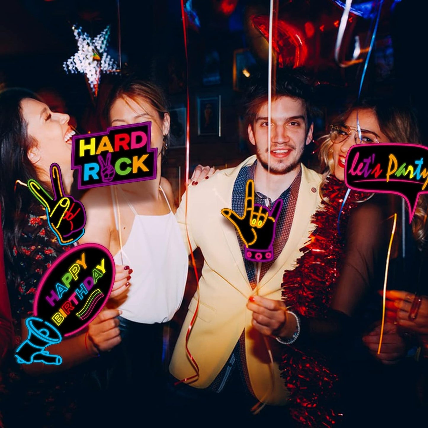 16 Pcs Glow Neon Photo Booth Props with Stick Fluorescent Neon Party Supplies for Birthday Disco Black Light Party ﻿