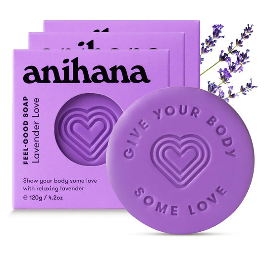 ANIHANA Feel-Good Soap 3 Pack with Coconut Oil and Shea Butter, Gentle Cleansing, Paraben Free, Cruelty Free, Refreshing Lavender Love Scent, 4.2 oz each