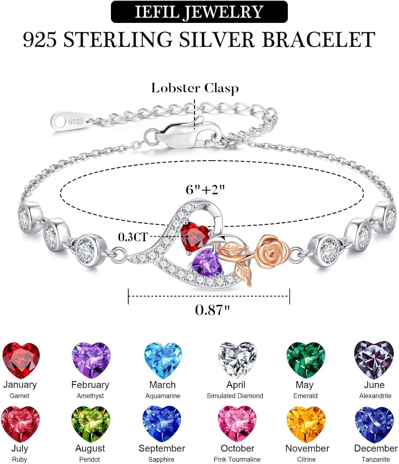 Iefil Christmas Gifts for Women - Birthstone Bracelet for Women, 925 Sterling Silver Rose Heart Charm Bracelets, Anniversary Birthday Gifts for Women Wife Mom Daughter, 6"+2"