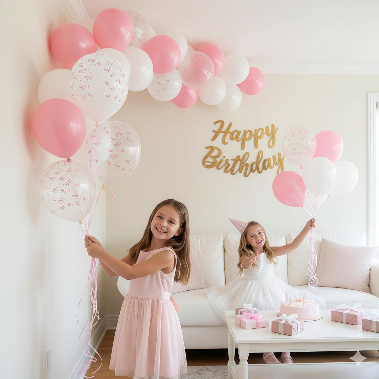 Pink Bow Balloons, 12 Inch Pastel Light Pink Transparent White Bow Print Coquette Balloon for Girls Women Birthday Bachelorette Party Bridal Baby Shower Wedding Anniversary Decorations Supplies