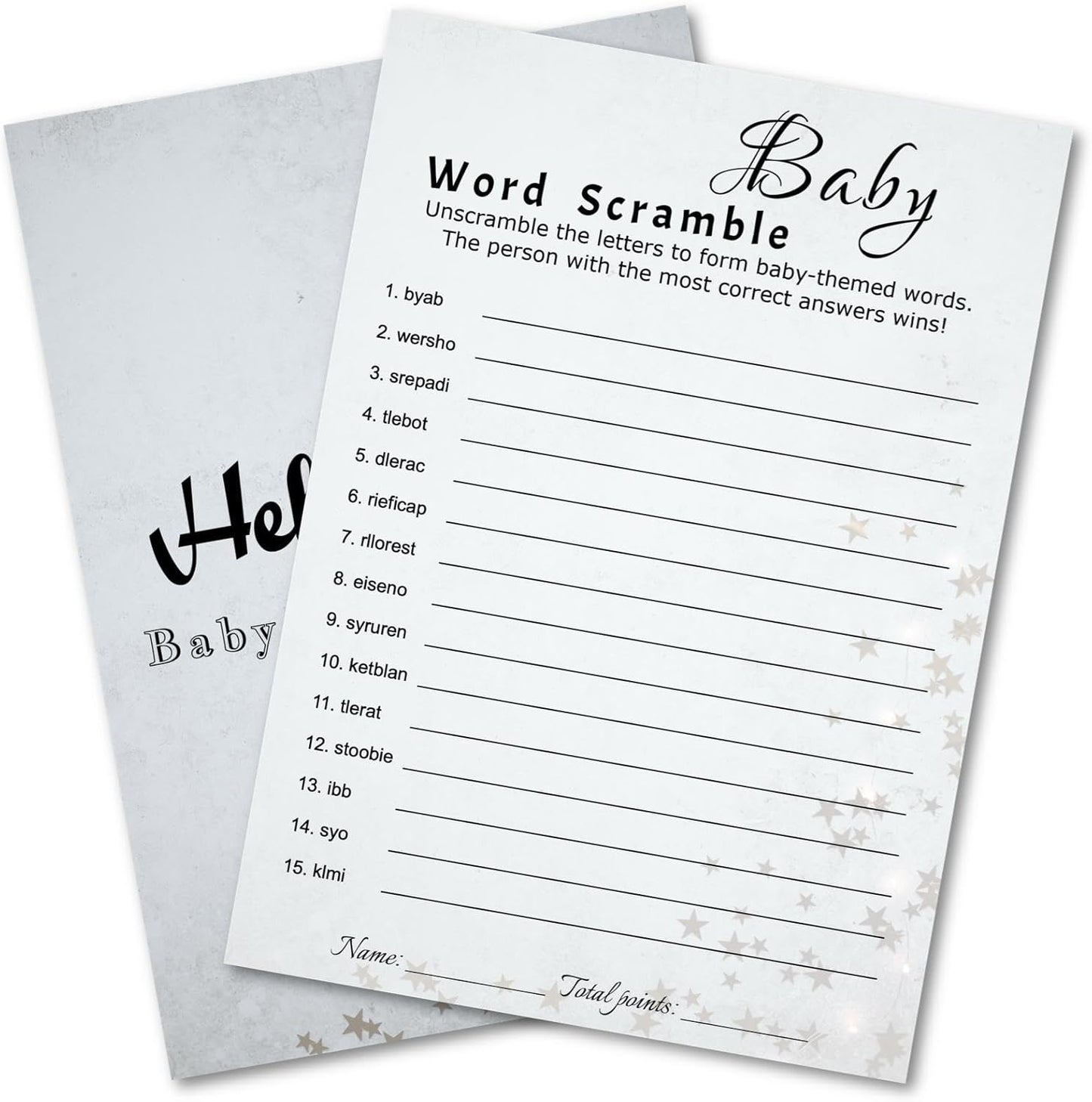 Baby Shower Word Scramble Trivia Game Cards - 30 Player Family Friend Party - Minimalist Light Gray Design with Stars & Strips - Ready to Play, Answer Keys Included, 5x7 Inch (Word Scramble)