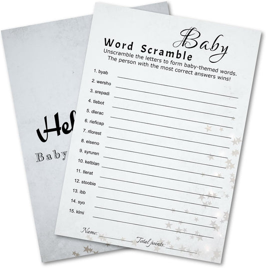 Baby Shower Word Scramble Trivia Game Cards - 30 Player Family Friend Party - Minimalist Light Gray Design with Stars & Strips - Ready to Play, Answer Keys Included, 5x7 Inch (Word Scramble)