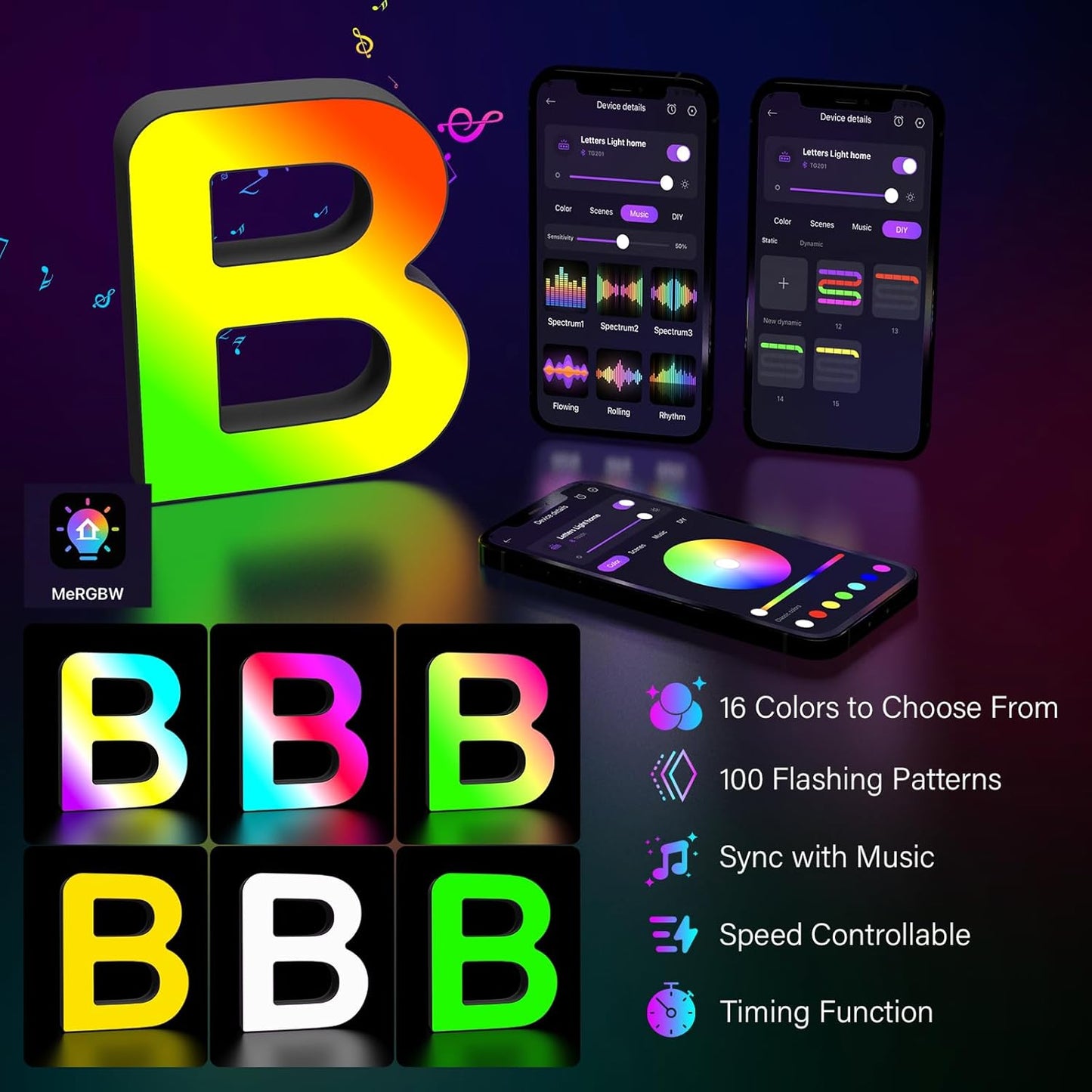 Light Up Marquee Letter - Music Sync RGB Color Changing LED Lights Logo Game Lights for Girls Women Party Birthday Christmas Valentine's Day Wall Desktop Decoration (MRGB-B)