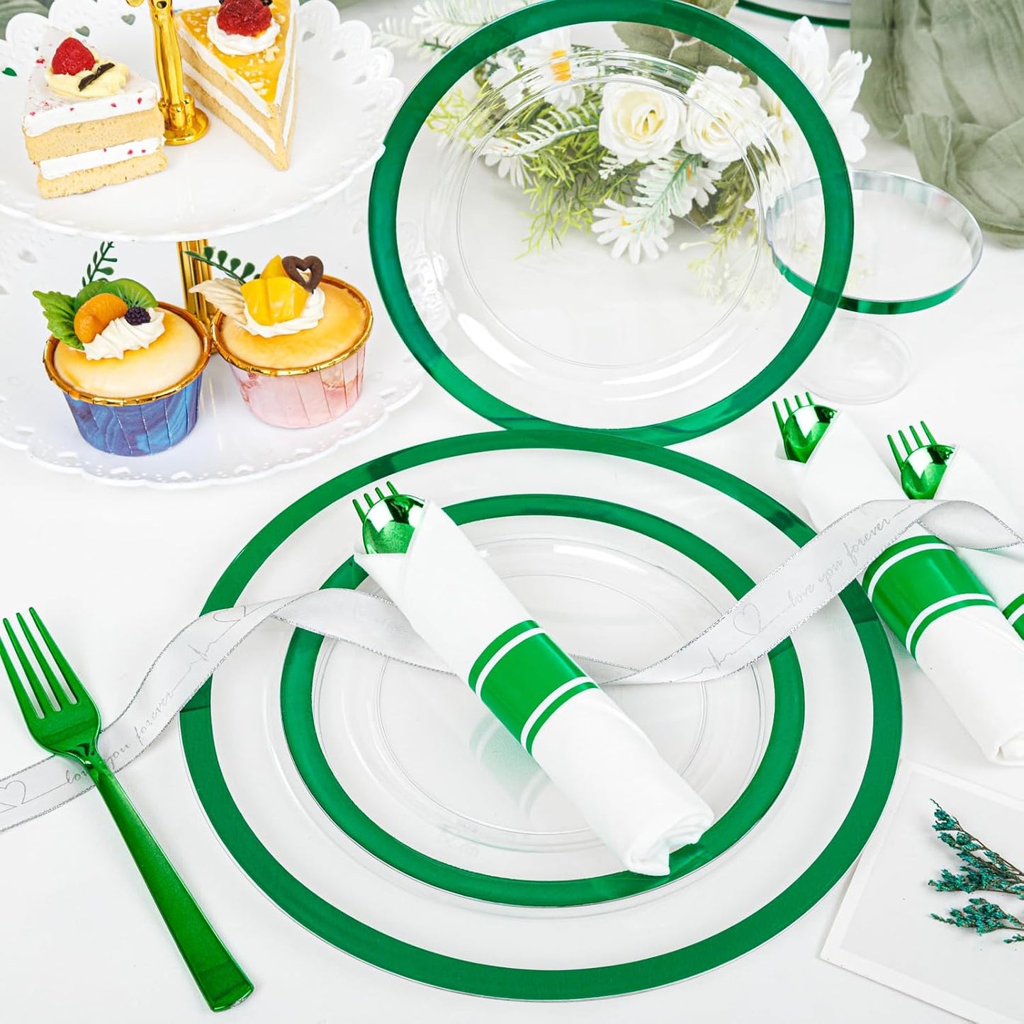 I00000 350 Pcs Green Plastic Plates-Clear Dinnerware Set for St. Patrick's Day Spring Decor,Include 100 Dinner and Dessert Plates,50 Plastic Cups 9 OZ,50 Per Rolled Napkins with Cutlery
