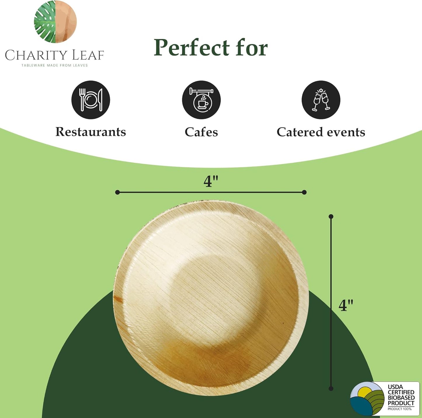 Charity Leaf Disposable Palm Leaf 4" Round Bowl (200 pcs) Dipping Bowls | Bamboo Like| All Natural and Biodegradable | Charcuterie Boards, BBQs, and Parties