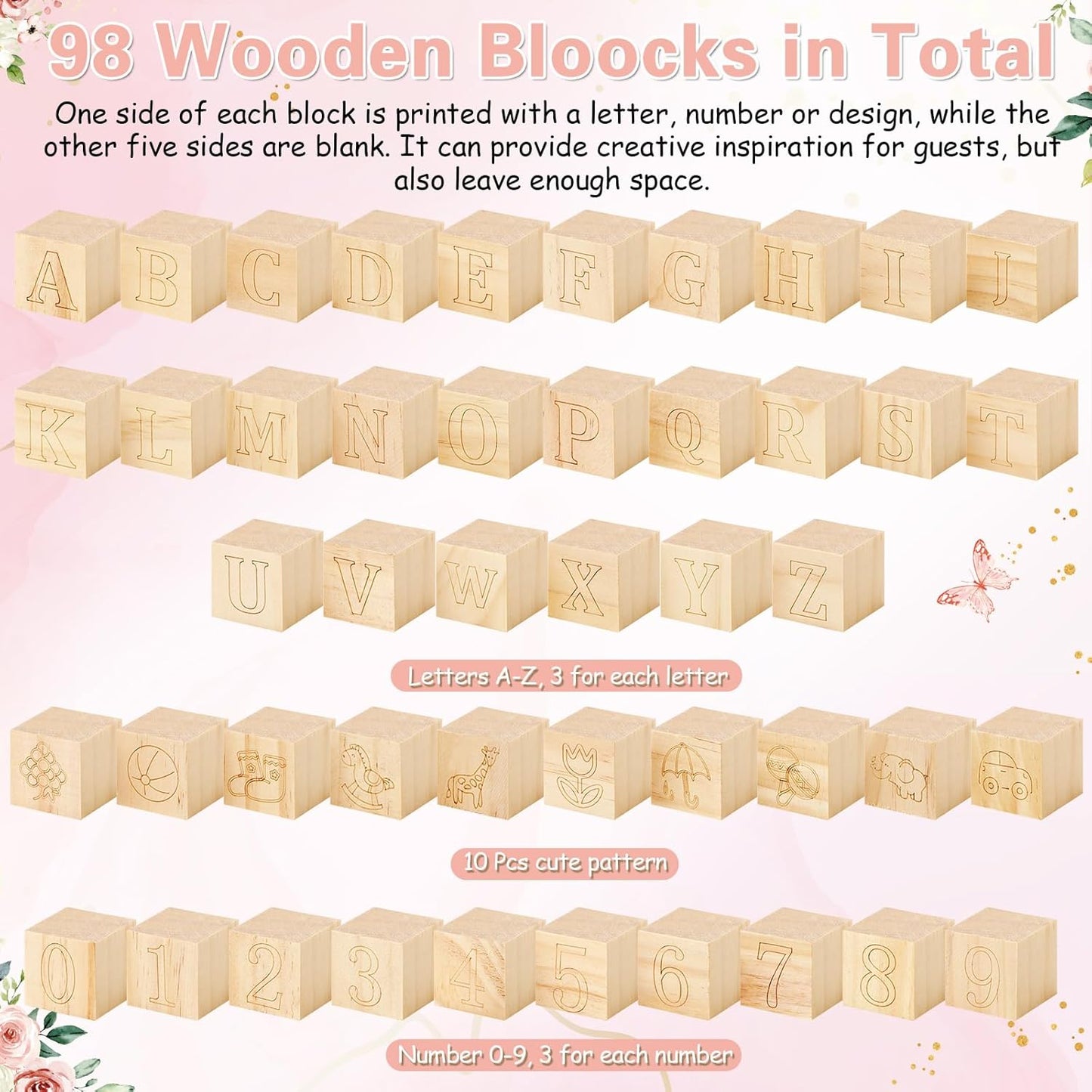 Marsui 136 Pcs Baby Shower Blocks to Decorate Game Kit Includes 98 Wooden Blocks, 36 Markers, 1 Game Sign, 1 Storage Box for Baby Shower Gender Reveal Activity Party Decorations(Flower)