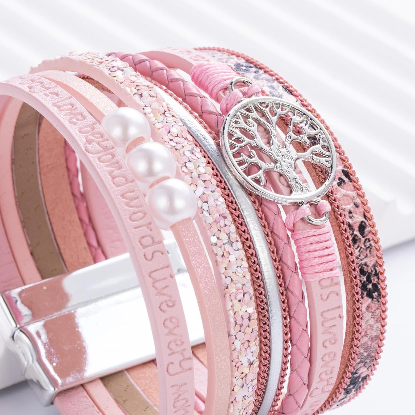 FANCY SHINY Tree of Life Leather Wrap Bracelet Inspirational Cuff Bangles Boho Pearl Bracelets with Magnetic Clasp Unique Jewelry Gifts for Women