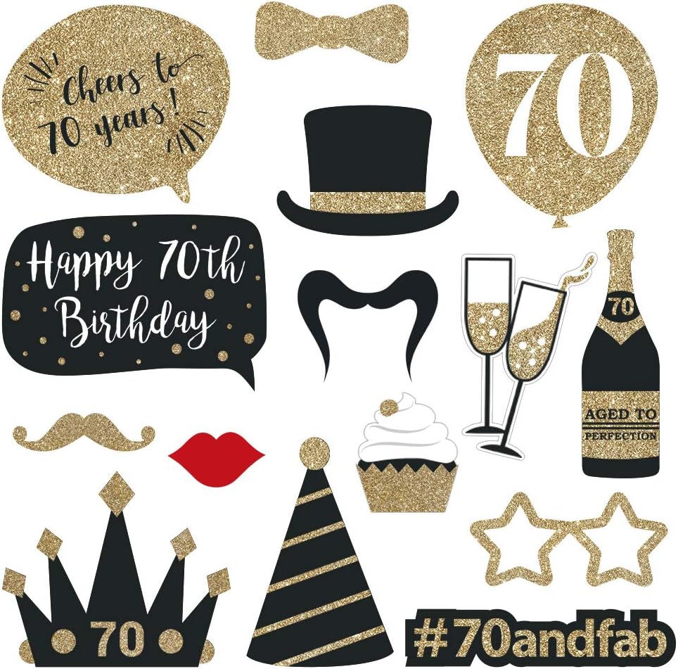 Fully Assembled 70th Birthday Photo Booth Props - Set of 30 - Black & Gold Selfie Signs - 70th Party Supplies & Decorations - Cute Bday Designs with Real Glitter - Did We Mention No DIY