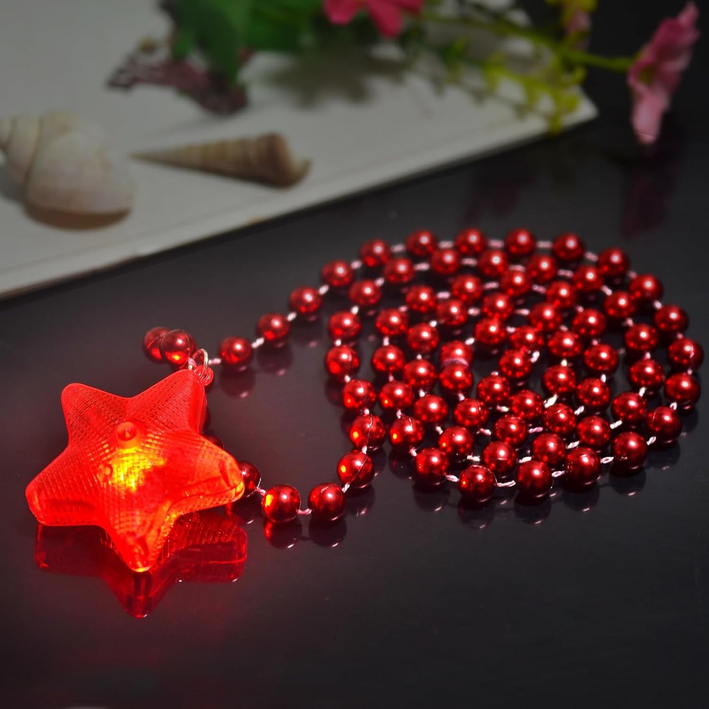 6 Pack Glow Red Necklace Beaded Necklaces with Light Up Star for Christmas July 4th Decorations Mardi Gras Party Favors