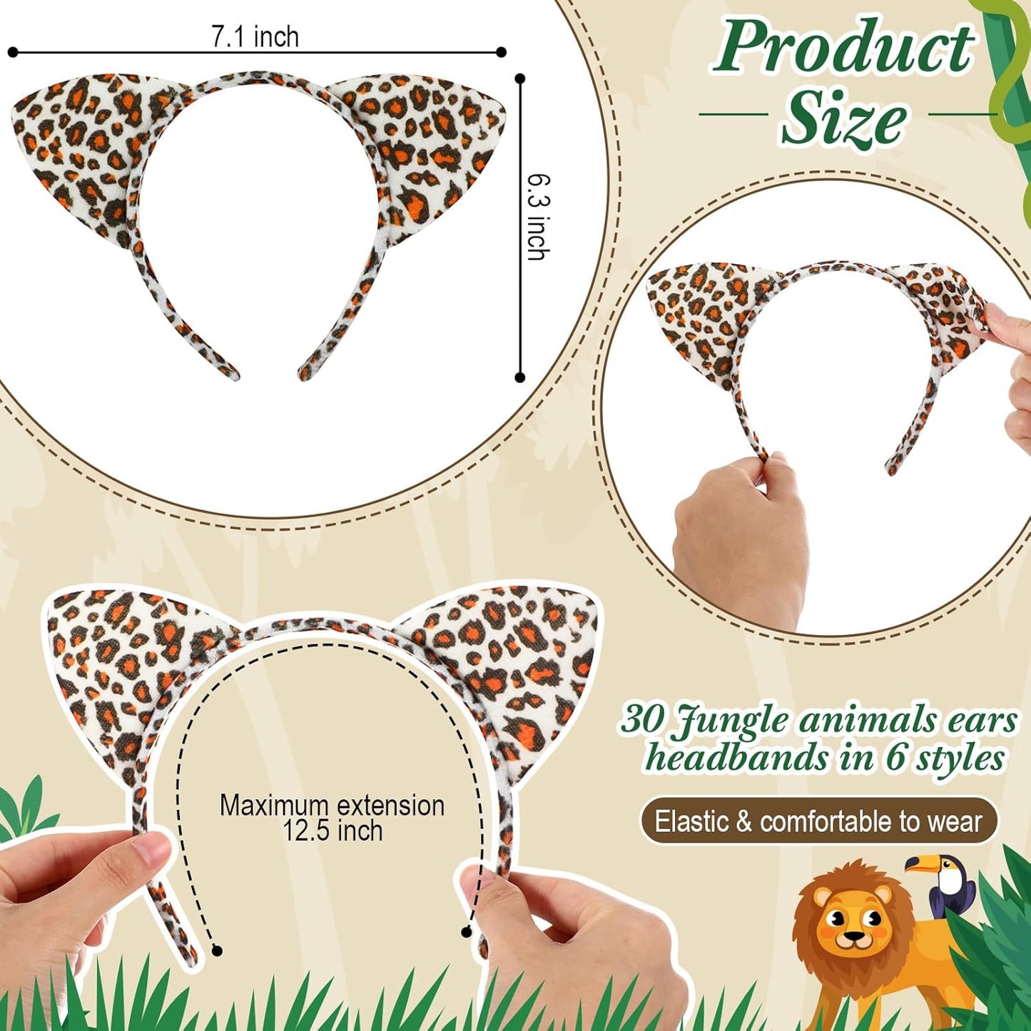 Kigeli 30 Pcs Jungle Animal Safari Ears Headbands for Hair Hoops Photo Booth Props One Birthday Halloween Favors