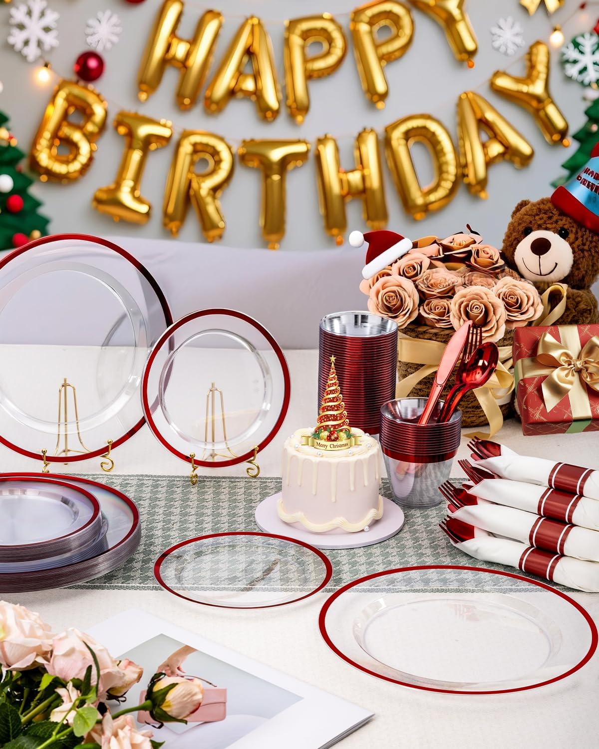 175PCS Plastic Plates for Party, Disposable Clear Red Dinnerware Sets Suitable for 25 Guests,50 Plastic Plates, 25 Cups, 25 Pre-Rolled Napkins with Cutlery for Party, Thanksgiving, Christmas, Wedding