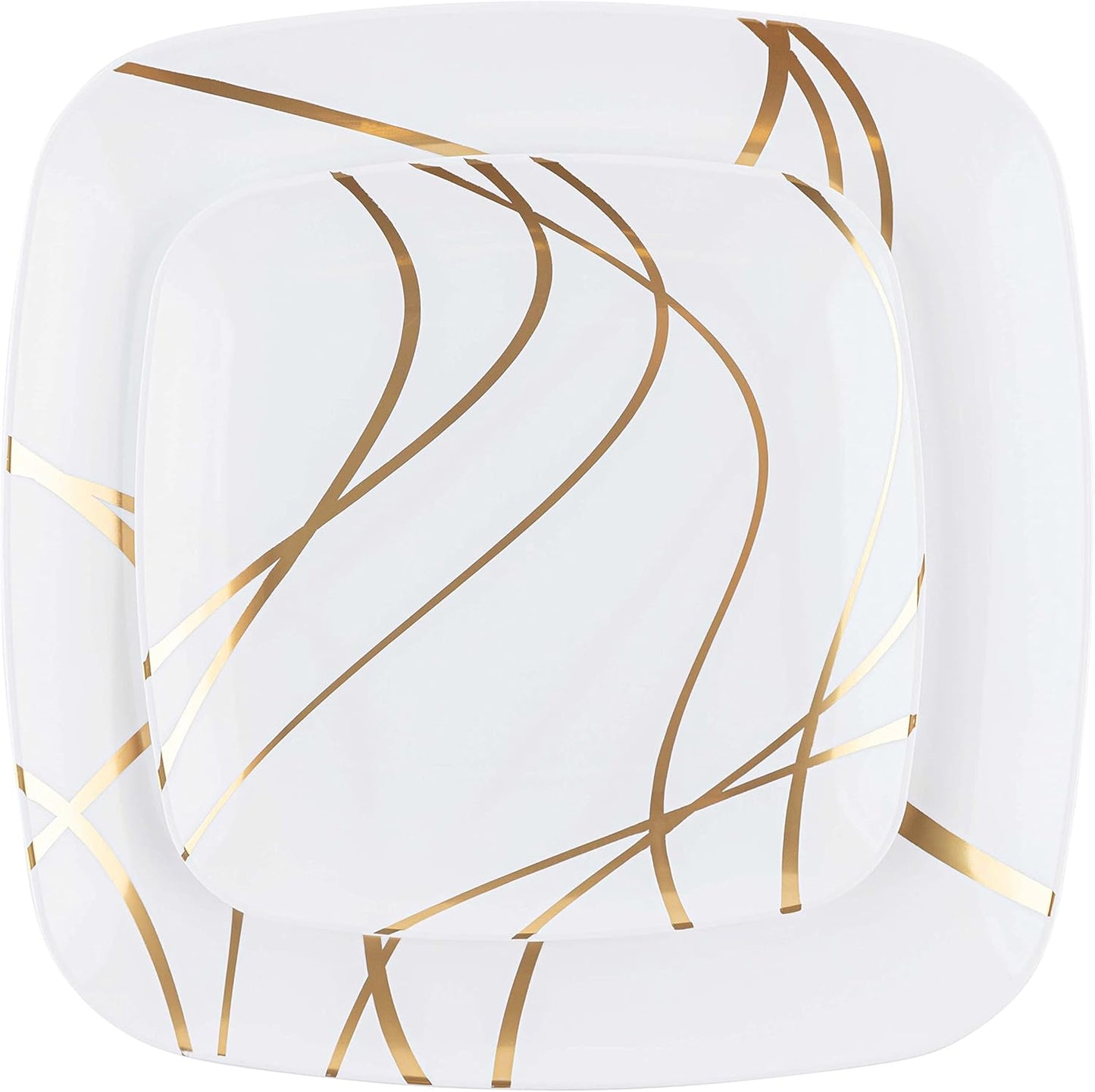 PLASTICPRO Square 128 Piece Combo Plates Set - 64 x 7'' Salad & 64 x 10'' Dinner Plates, White Plastic with Gold Impulse Design, Premium Party Tableware