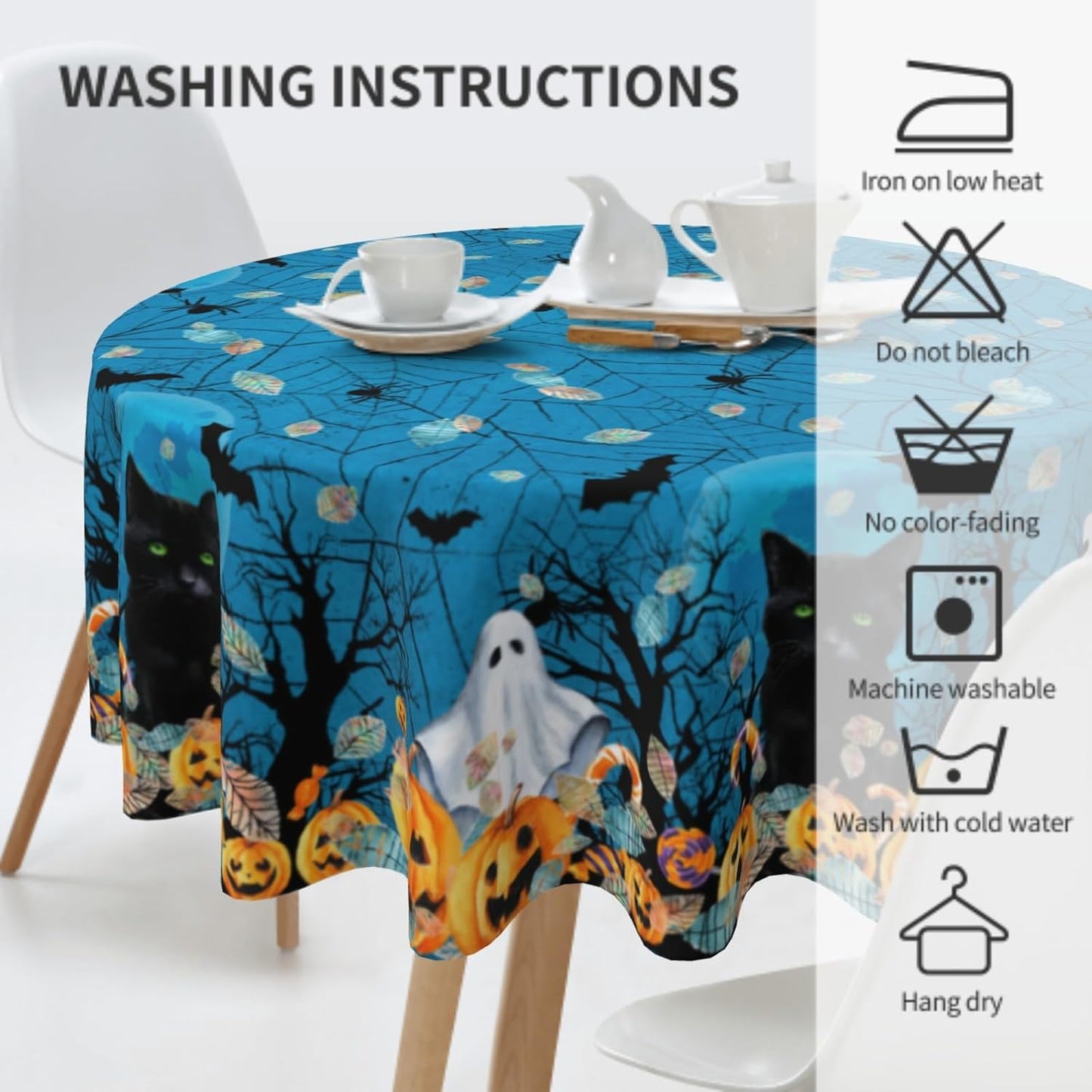 Giwawa Halloween Round Tablecloth, Blue Spooky Ghost Pumpkins Black Cats Bats Spider Web Table Cloth 60Inch for Kitchen Dining, Wipeable Fabric Non-Slip Table Cover for Holiday Picnic Camping Decor