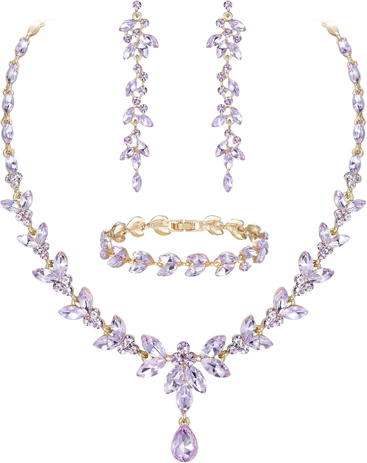 EVER FAITH Austrian Crystal Bridal Bridesmaid Jewelry Sets, Elegant Marquise Rhinestone Leaf Necklace Dangle Earrings Tennis Bracelet Set for Women