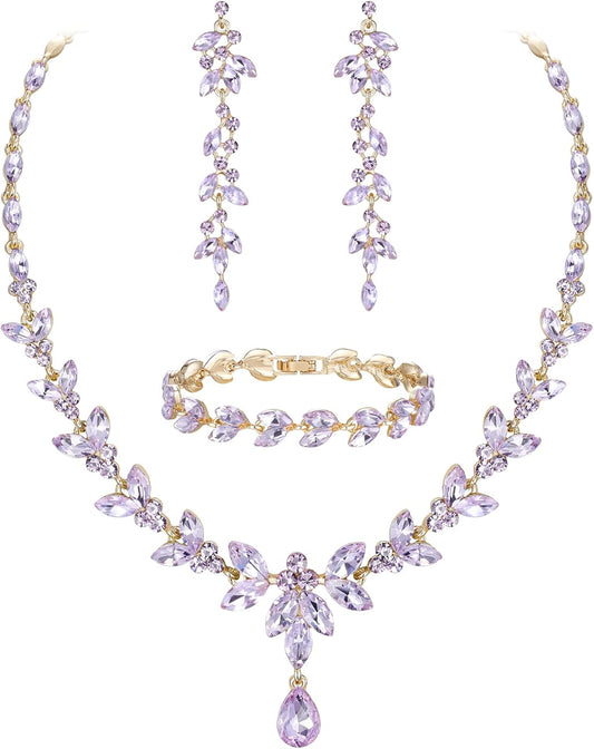 EVER FAITH Austrian Crystal Bridal Bridesmaid Jewelry Sets, Elegant Marquise Rhinestone Leaf Necklace Dangle Earrings Tennis Bracelet Set for Women