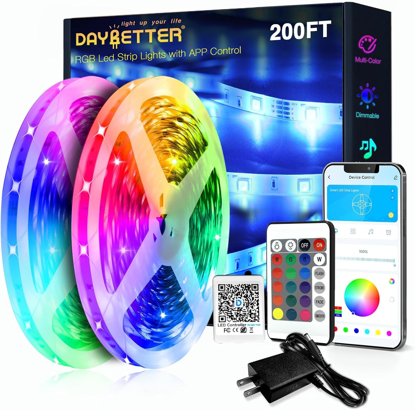 DAYBETTER LED Strip Lights 200ft (2 Rolls of 100ft), Color Changing Lights Strip for Bedroom, Desk, Indoor, Room Bedroom, Girl Boy Brithday Gifts RGB Decor with Remote and 24V Power Supply