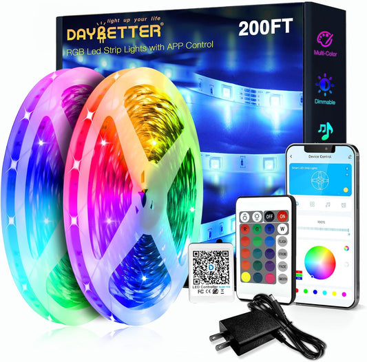 DAYBETTER LED Strip Lights 200ft (2 Rolls of 100ft), Color Changing Lights Strip for Bedroom, Desk, Indoor, Room Bedroom, Girl Boy Brithday Gifts RGB Decor with Remote and 24V Power Supply