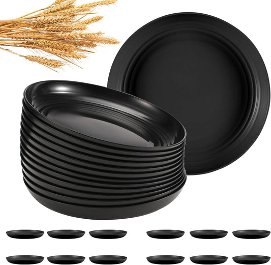12 Pcs Unbreakable Deep Dinner Plates Set, 9 inch Reusable Plastic Wheat Straw Plates, Microwave and Dishwasher Safe Plate for Kitchen, Lightweight Plate for Dessert, BPA Free, Black