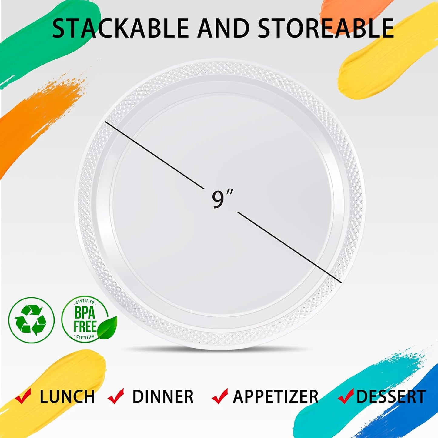 WELLIFE 9 Inch Plastic Plates Clear 50 Count Disposable Plate for Party, Dessert Plates for Dinner Cake Salad Supplies Birthday