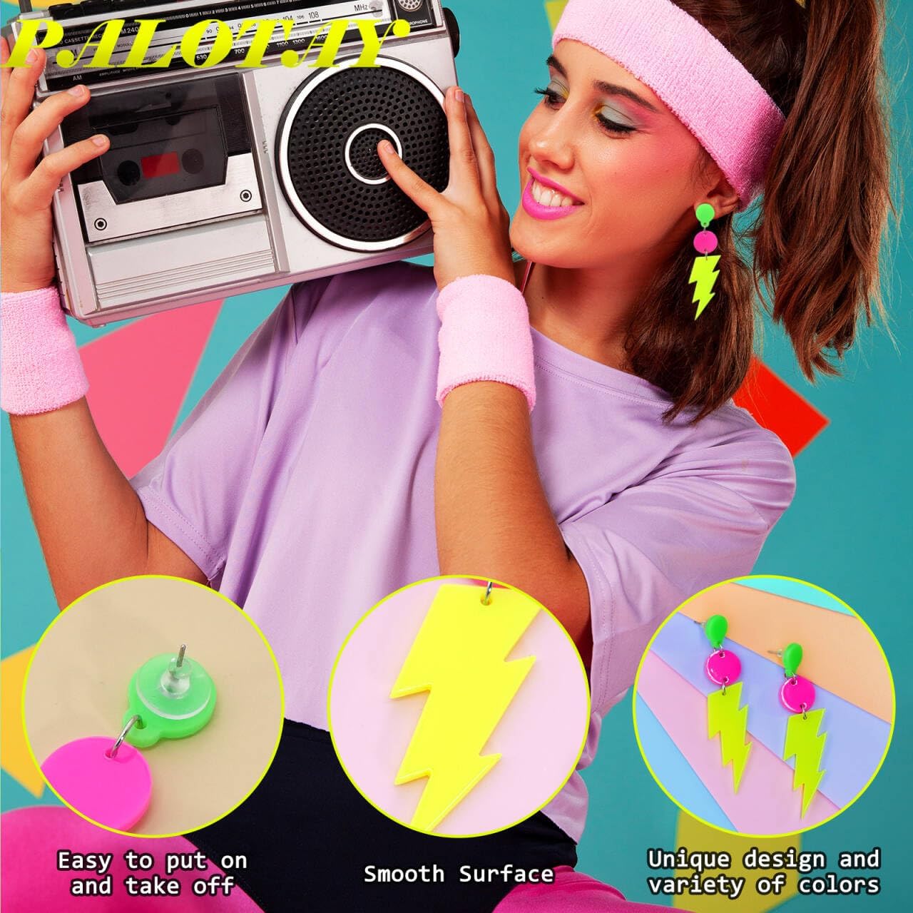 80s 90s Retro Cassette Tape Neon Earrings for Women Acrylic Radio Earring Set for 80s 90s Accessories Cosplay Party Jewelry Gifts