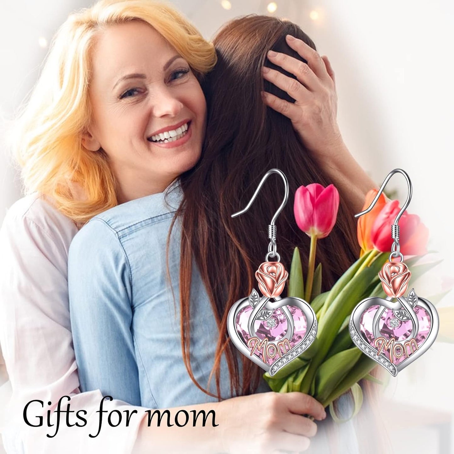 Mom Earrings with Rose Flower Love Heart 925 Sterling Silver Crystal Dangle Drop Hook Earrings Jewelry
