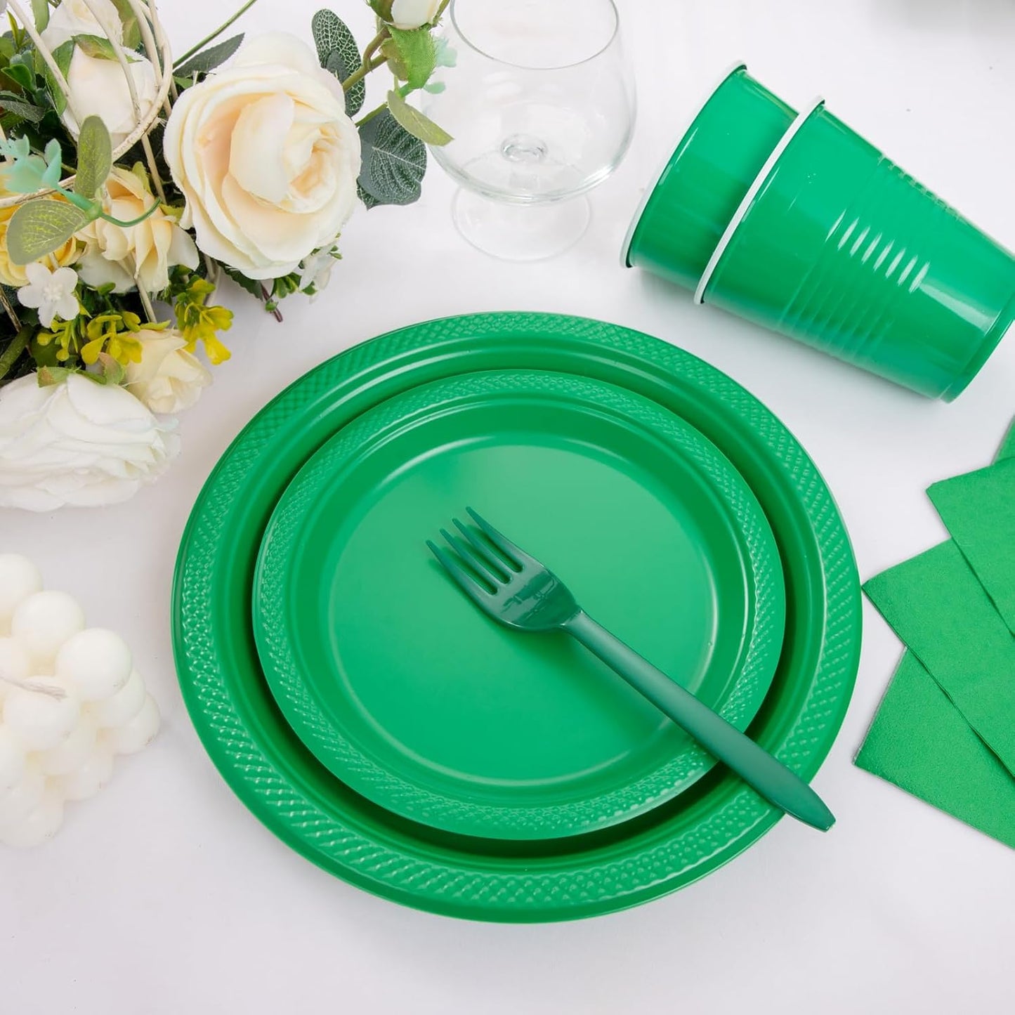 MirthMood 350pcs Green Party Supplies, Disposable Plates Set, Including Green Plastic Plates and Napkins, Plastic Cutlery and 12OZ Cups, Serve 50 Guests