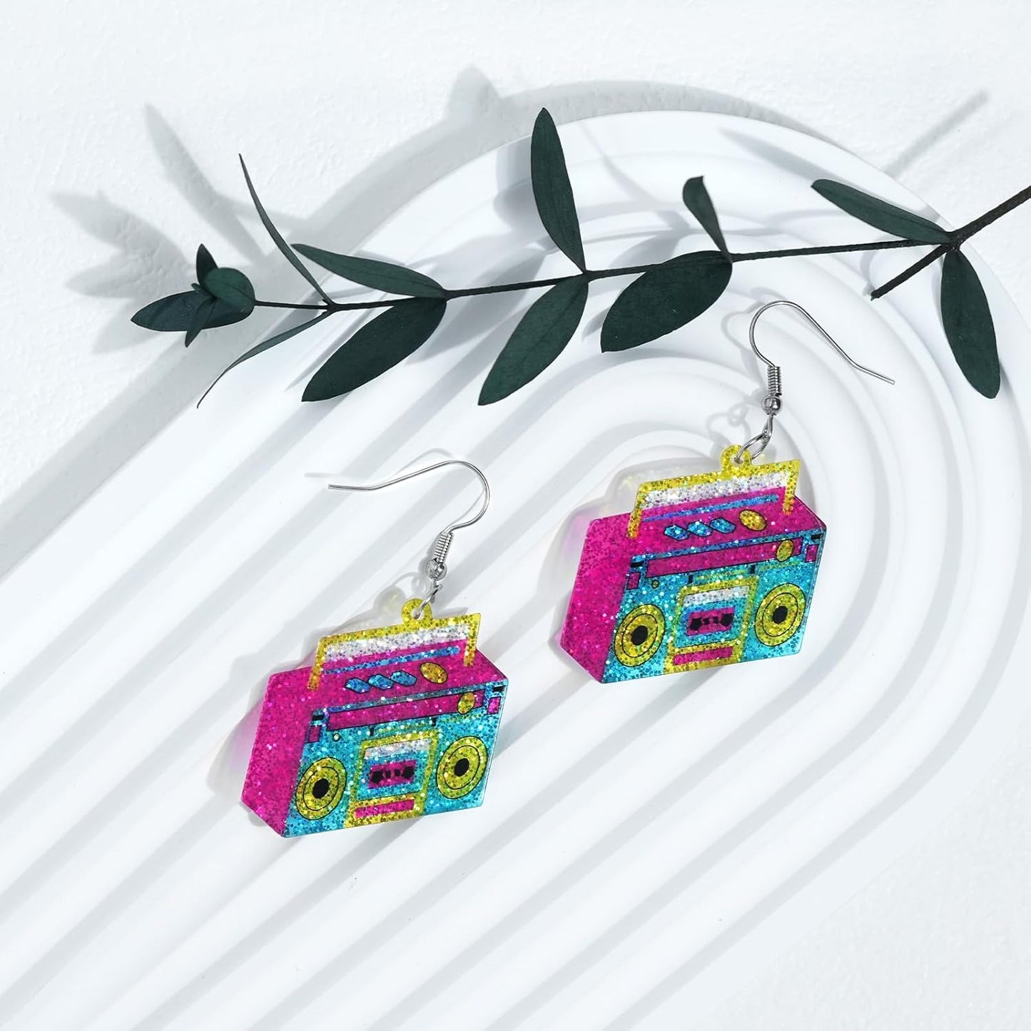90s 80s Earrings for Women Retro Cassette Tape Earrings Acrylic Radio Tape Drop Dangle Earring for Halloween Cosplay Glow Party Music Festival Costume Accessories