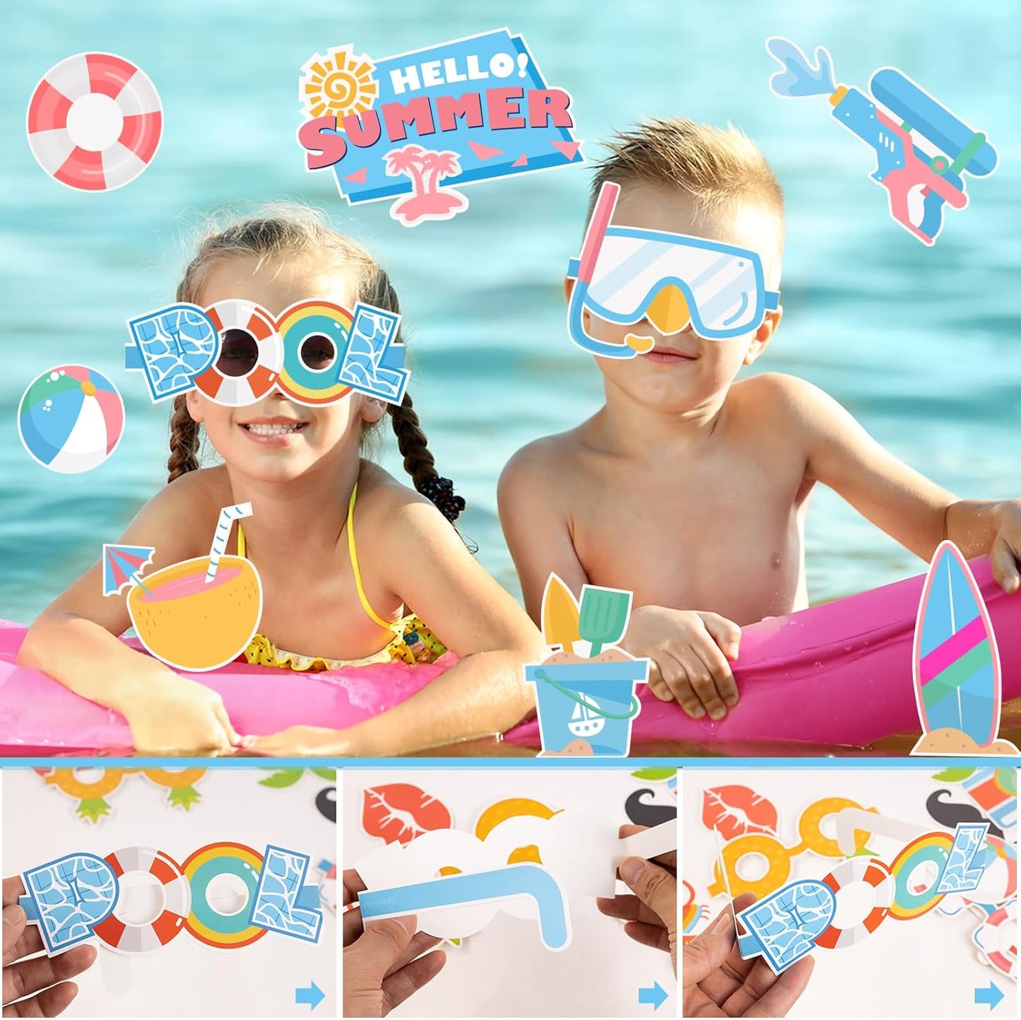SUNBEAUTY 25 Pcs Beach Photo Booth Props Summer Party Decorations Beach Party Decorations Beach Decorations Pool,Hawaiian,Luau Photo Booth Props