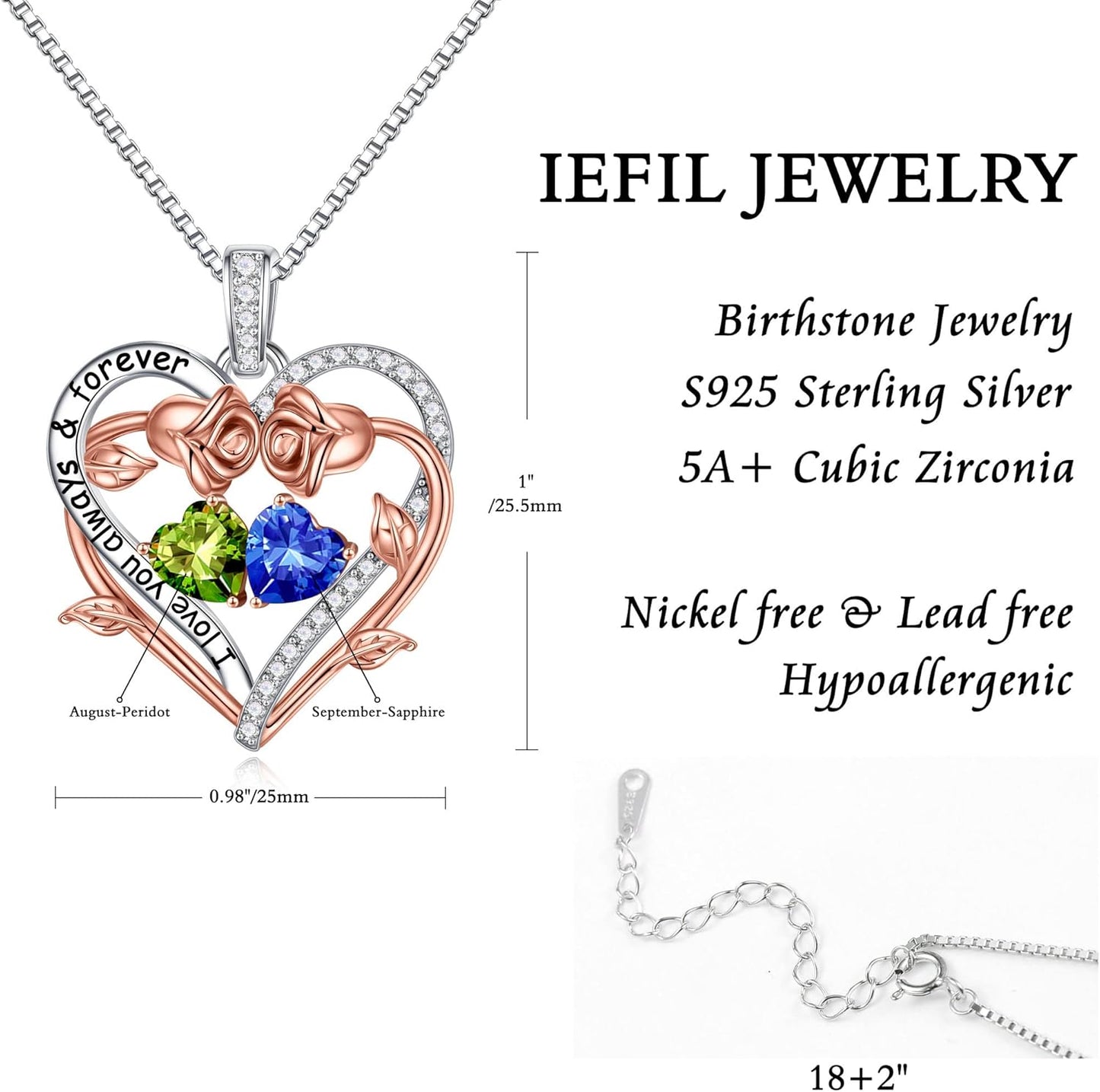 Iefil Rose Heart Double Birthstone Necklace Gifts for Wife Her Mom Women, Birthstone Jewelry Gemstone Birthday Gifts for Girlfriend Grandma Her Wife Women