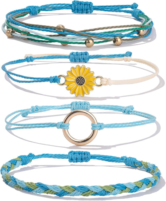 FANCY SHINY Sunflower String Bracelet Boho Braided Rope Wrap Bracelets Cute Summer Beach Surfer Jewelry for Women Christmas Gifts