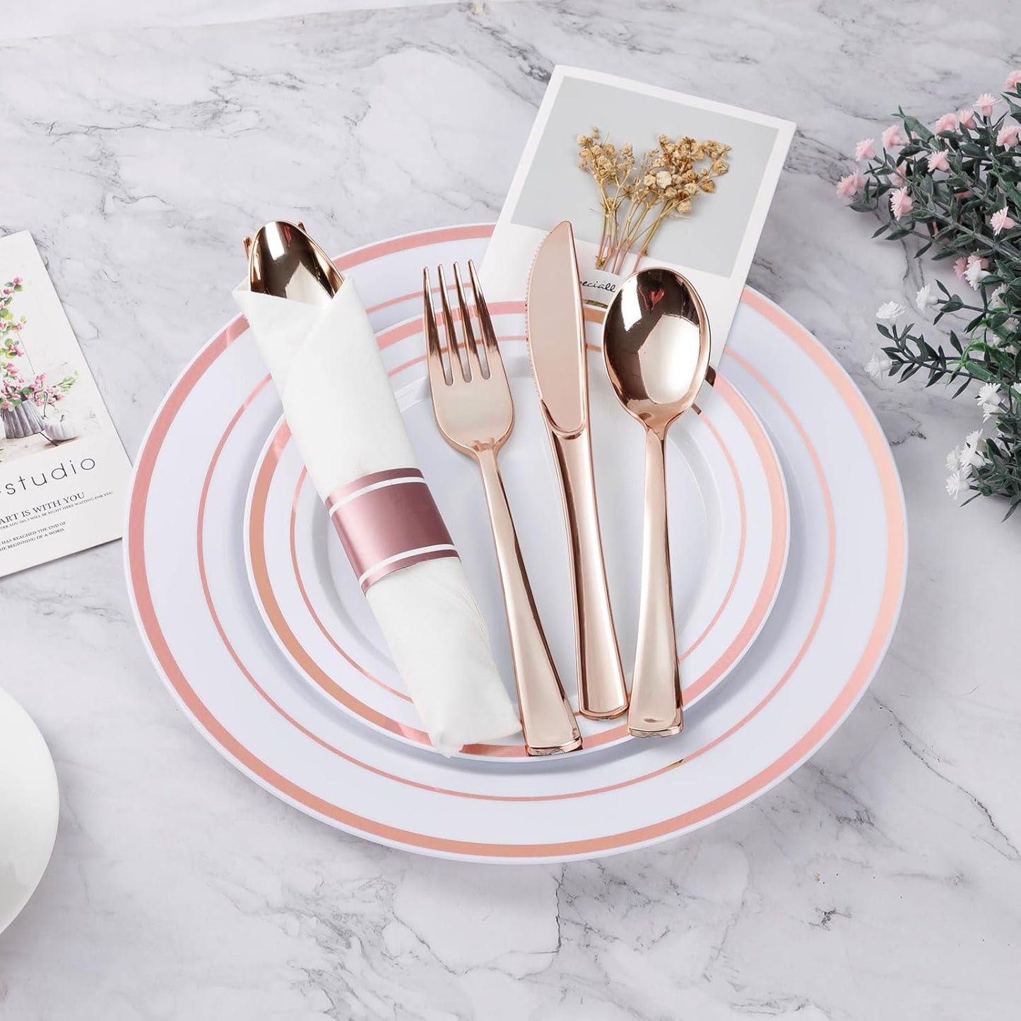 BESTVIP 350PCS Rose Gold Plastic Dinnerware Set, Disposable Party Plates for 50 Guests, Include: 100 Plastic Plates, 50 Pre Rolled Napkins with Rose Gold Silverware, 50 Cups for Christmas, Halloween