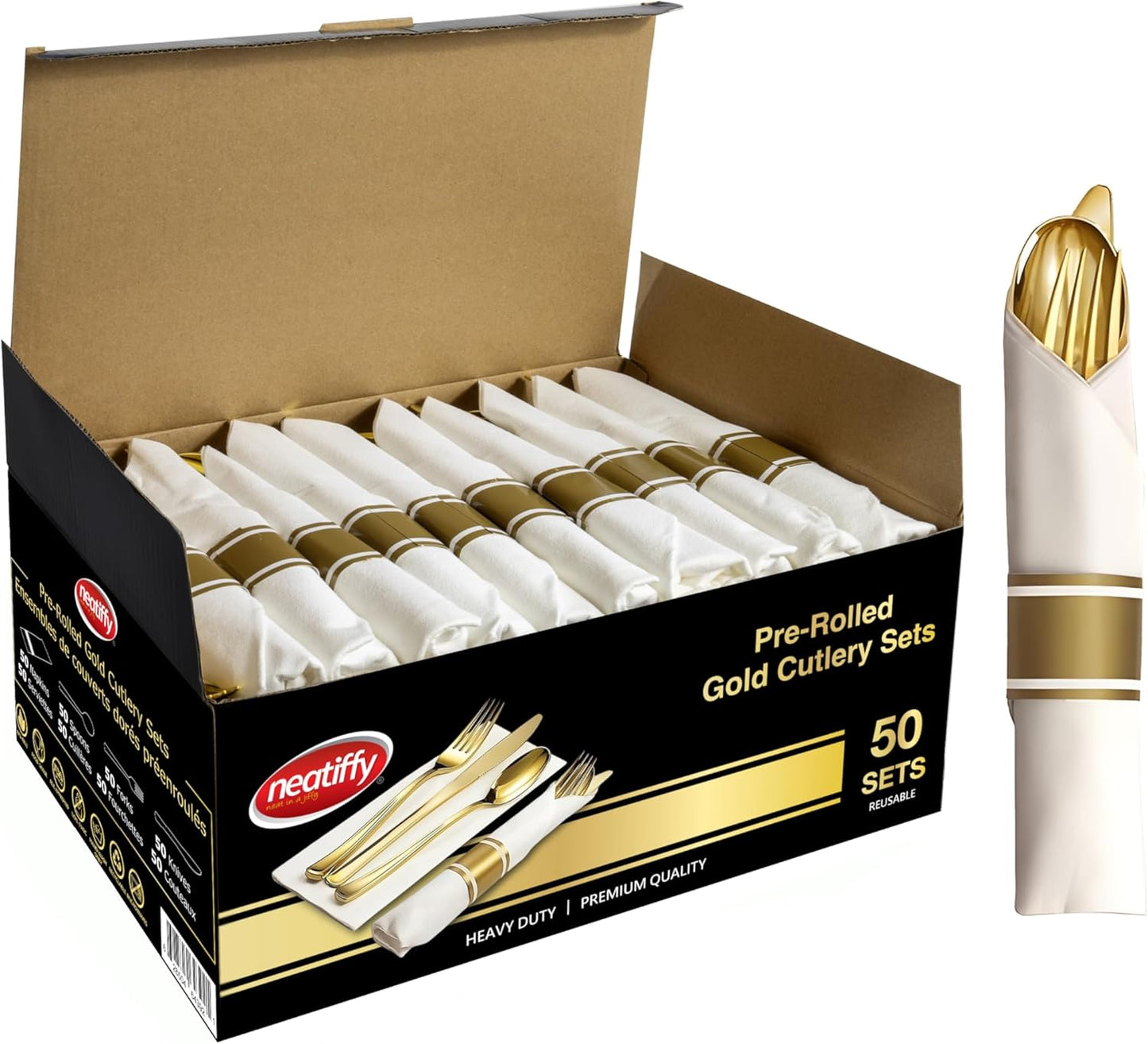 Neatiffy 50 Pack Gold Plastic Silverware Set, Pre Rolled Napkin and Cutlery Set with 50 Forks, 50 Knives, 50 Spoons, 50 Napkins, Utensils, Silverware for Parties, Weddings and Birthdays