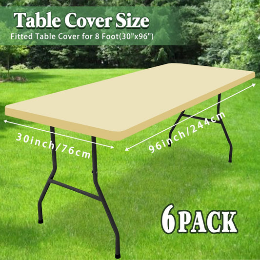 6 Pack Picnic Table Cover Fitted Elastic Outdoor Tablecloths for 8 Foot Rectangle Tables Waterproof Stretch Washable Patio Folding Spandex Table Cloth for Camping Banquet Parties (Champagne,30" x 96")