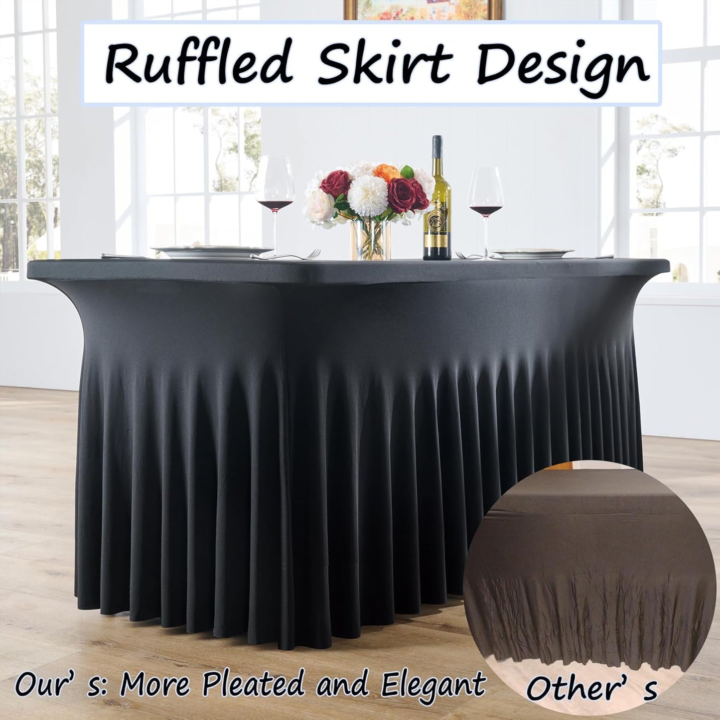 6 pk Black Spandex Tablecloth 6ft with Ruffled Skirt,Wrinkle Free High Stretch Fitted Tablecloths for 6 Foot Rectangle Tables,Pleated Elastic Spandex Table Covers 6ft for Parties Wedding Banquet