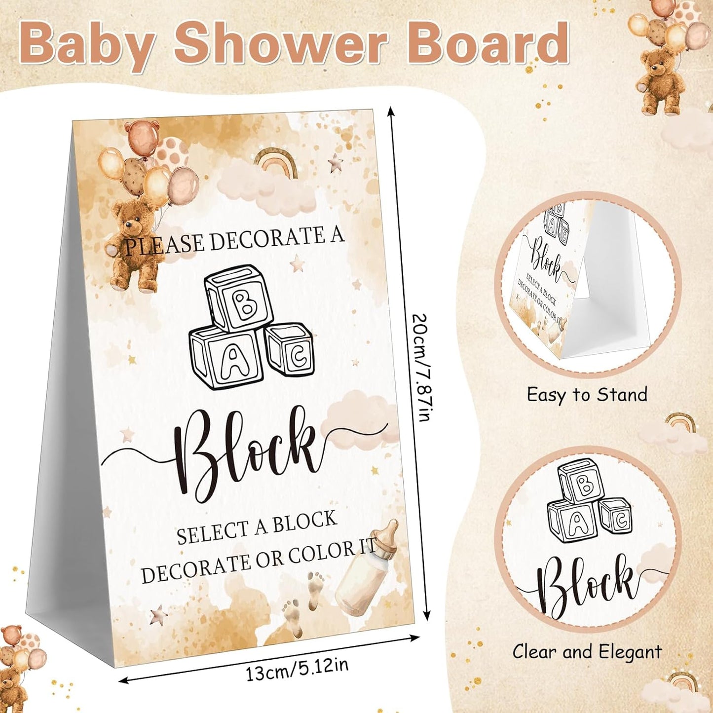 Marsui 136 Pcs Baby Shower Blocks to Decorate Game Kit Includes 98 Wooden Blocks, 36 Markers, 1 Game Sign, 1 Storage Box for Baby Shower Gender Reveal Activity Party Decorations(Brown Bear)