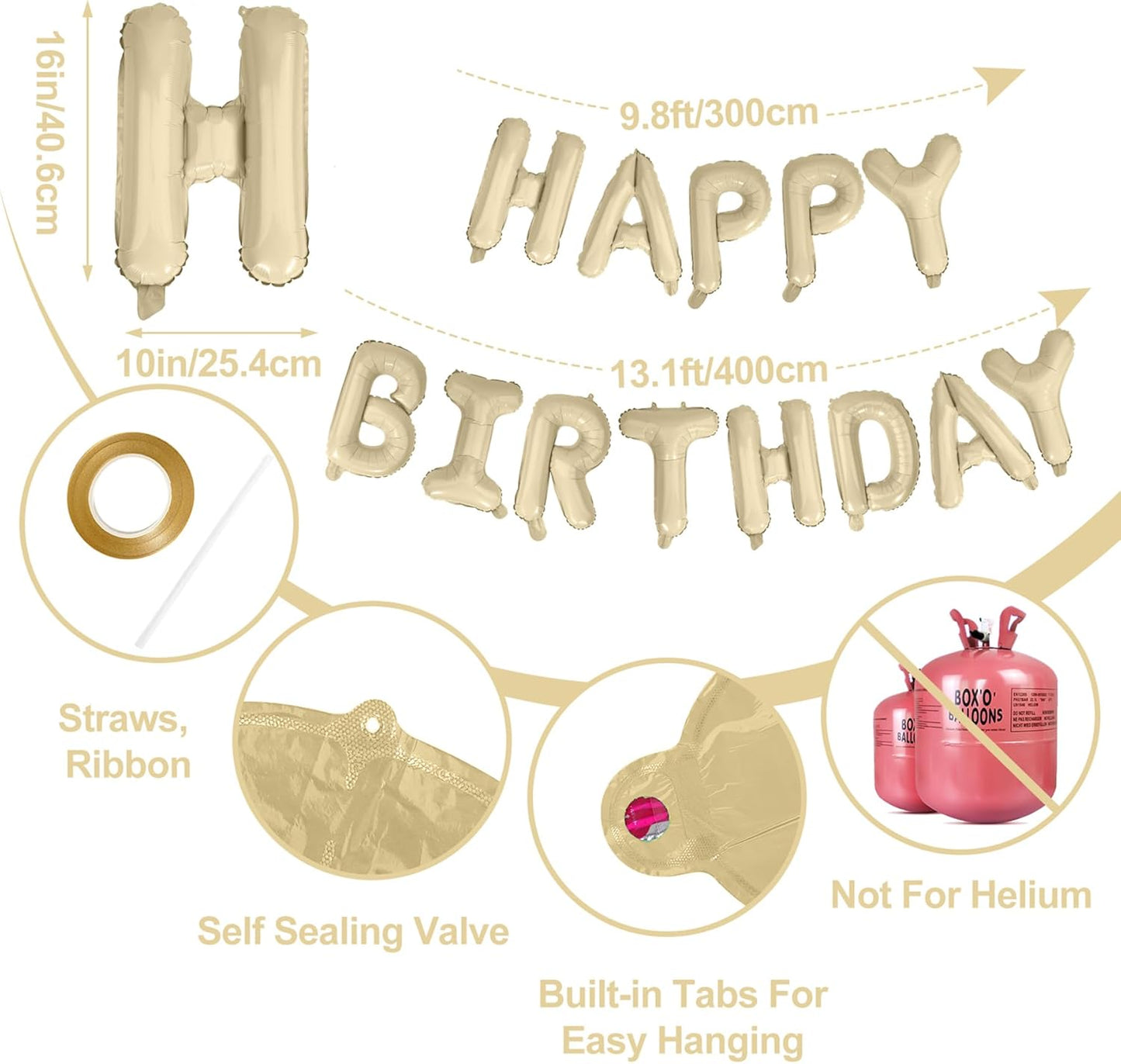 LIOZEOKUN Happy Birthday Balloon Letters 16 inch Mylar Foil Birthday Balloons Banner Sign for Birthday Party Decorations Supplies (Cream)