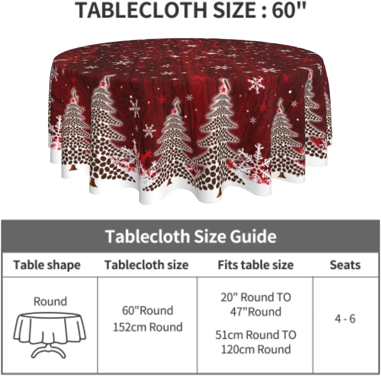 Giwawa Christmas Round Tablecloth for Kitchen Dining, 60Inch Red White Xmas Trees Wood Board Table Cloth, Winter Snowflakes Fabric Non-Slip Table Cover for Holiday New Year Picnic Decor