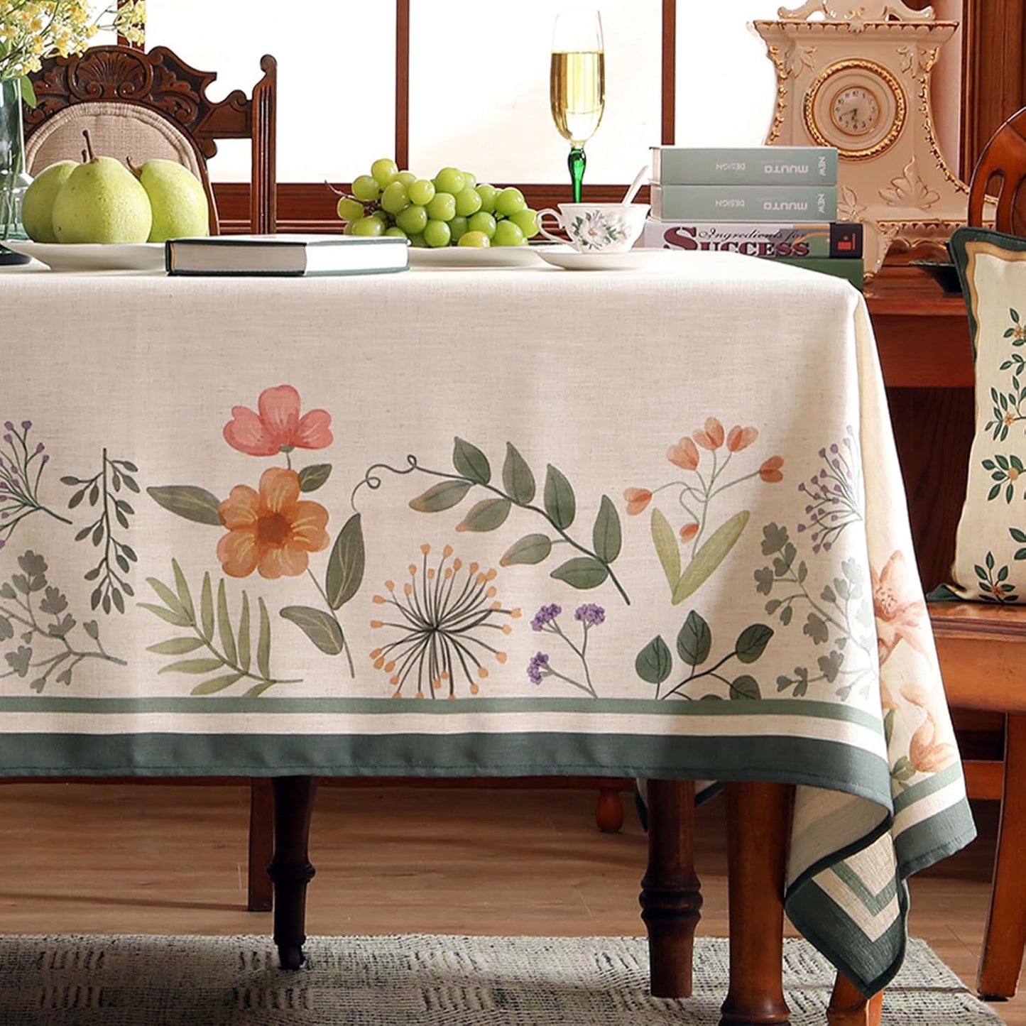 Beige Linen Rectangle Tablecloth,Vintage French Shabby Chic Floral Wrinkle Free Table Cloth,Decor Table Cover for Kitchen,Dining,Party,Home,Christmas,Thanksgiving,55"*87"-Manolya