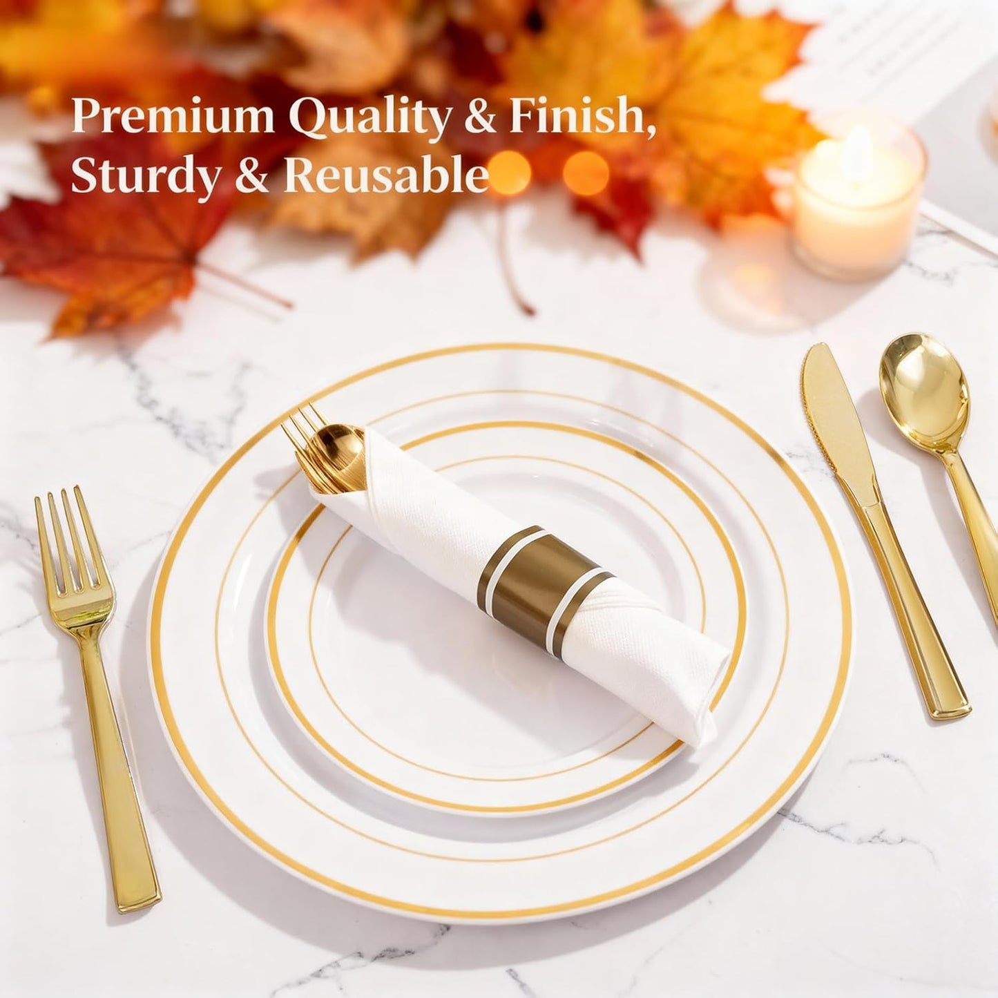 WELLIFE 350-Piece Gold Disposable Plates and Cutlery Set - Premium 10.25" Dinner Plates, 7.5" Dessert Plates, 9oz Cups & Cutlery for Weddings, Catering Events - 50 Guest Service - Elegant & Sturdy